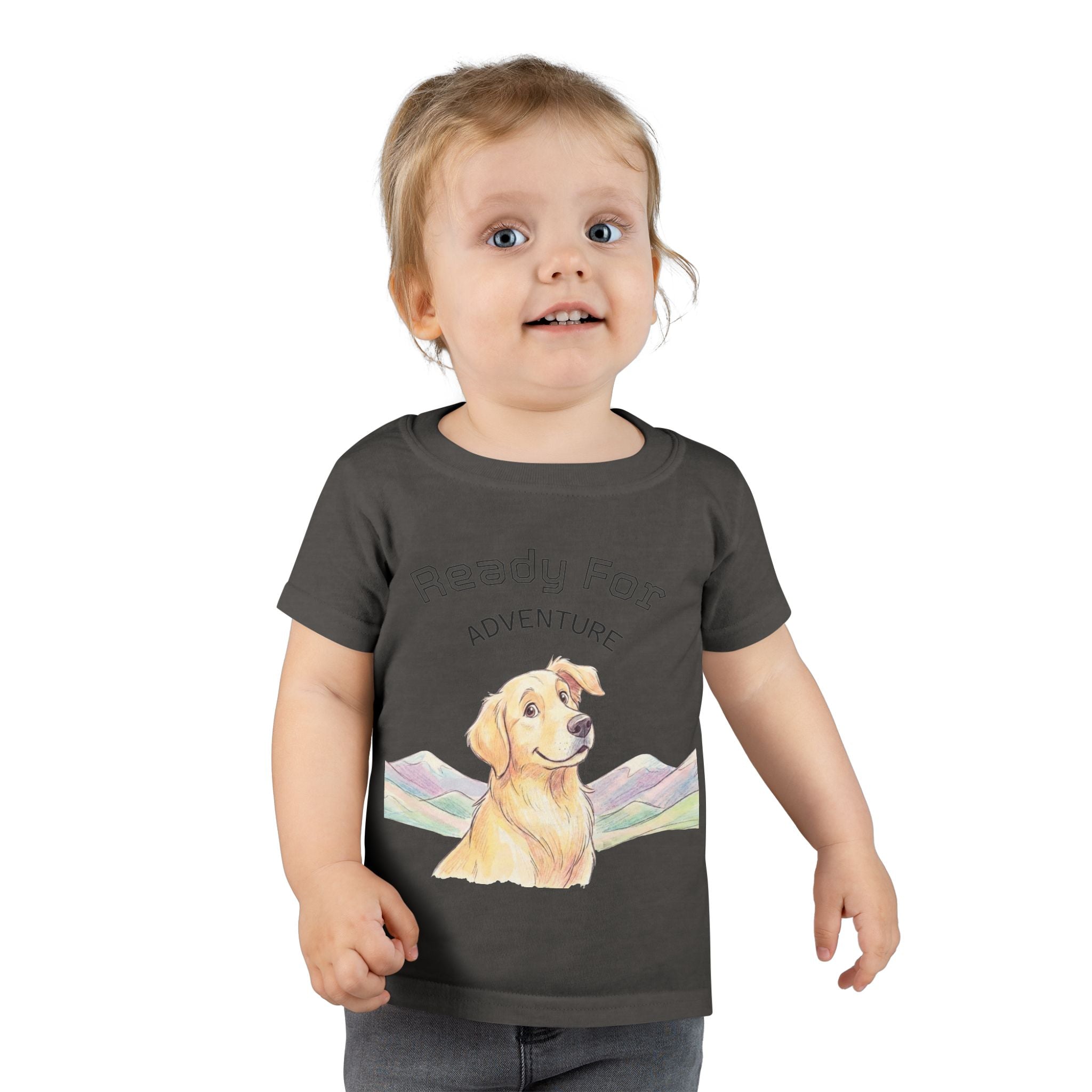 Toddler T-Shirt — Happy Yellow Labrador Puppy with Pastel Mountains