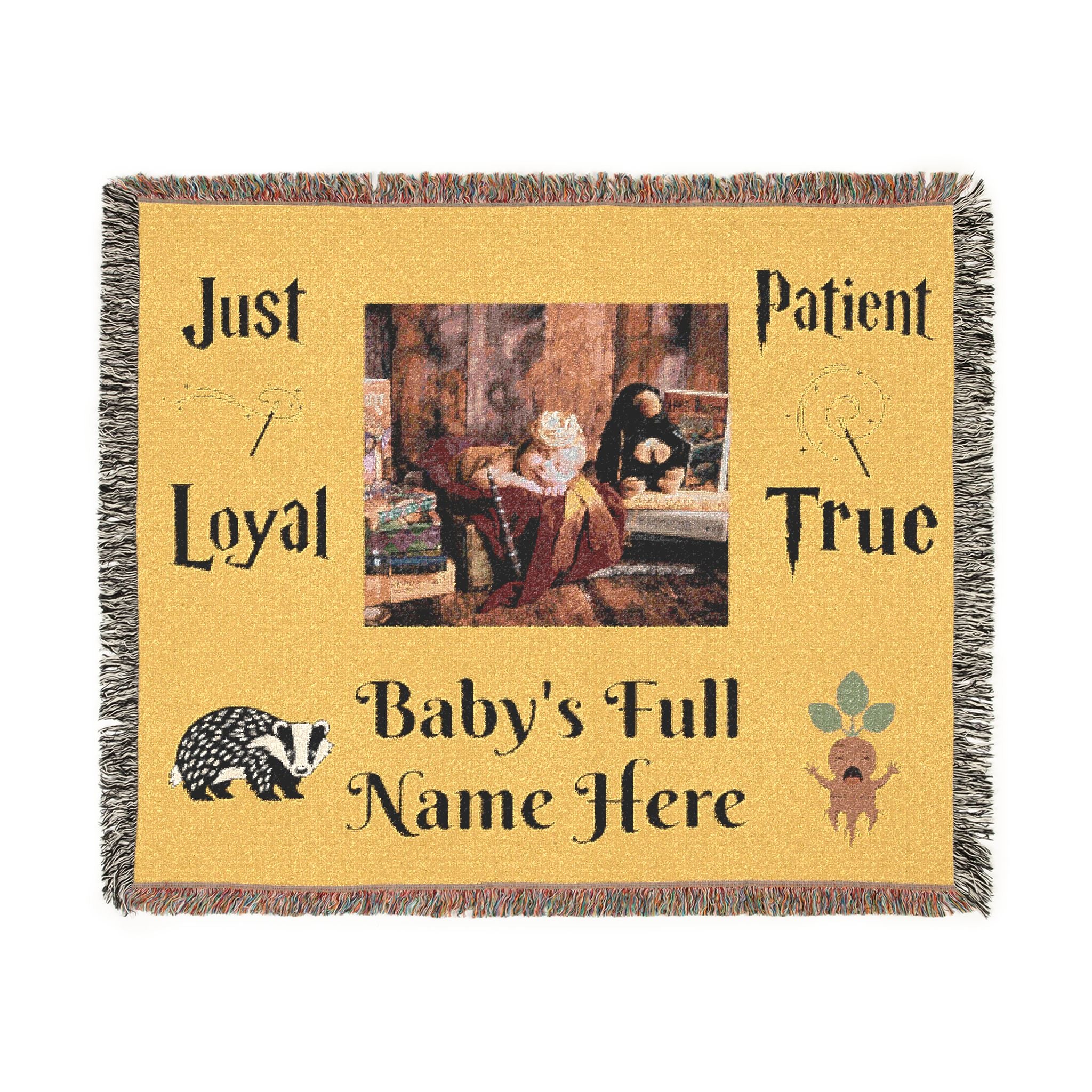 Personalized Baby Name Woven Blanket — "Just Loyal, Patient, True"  Hufflepuff Nursery Throw