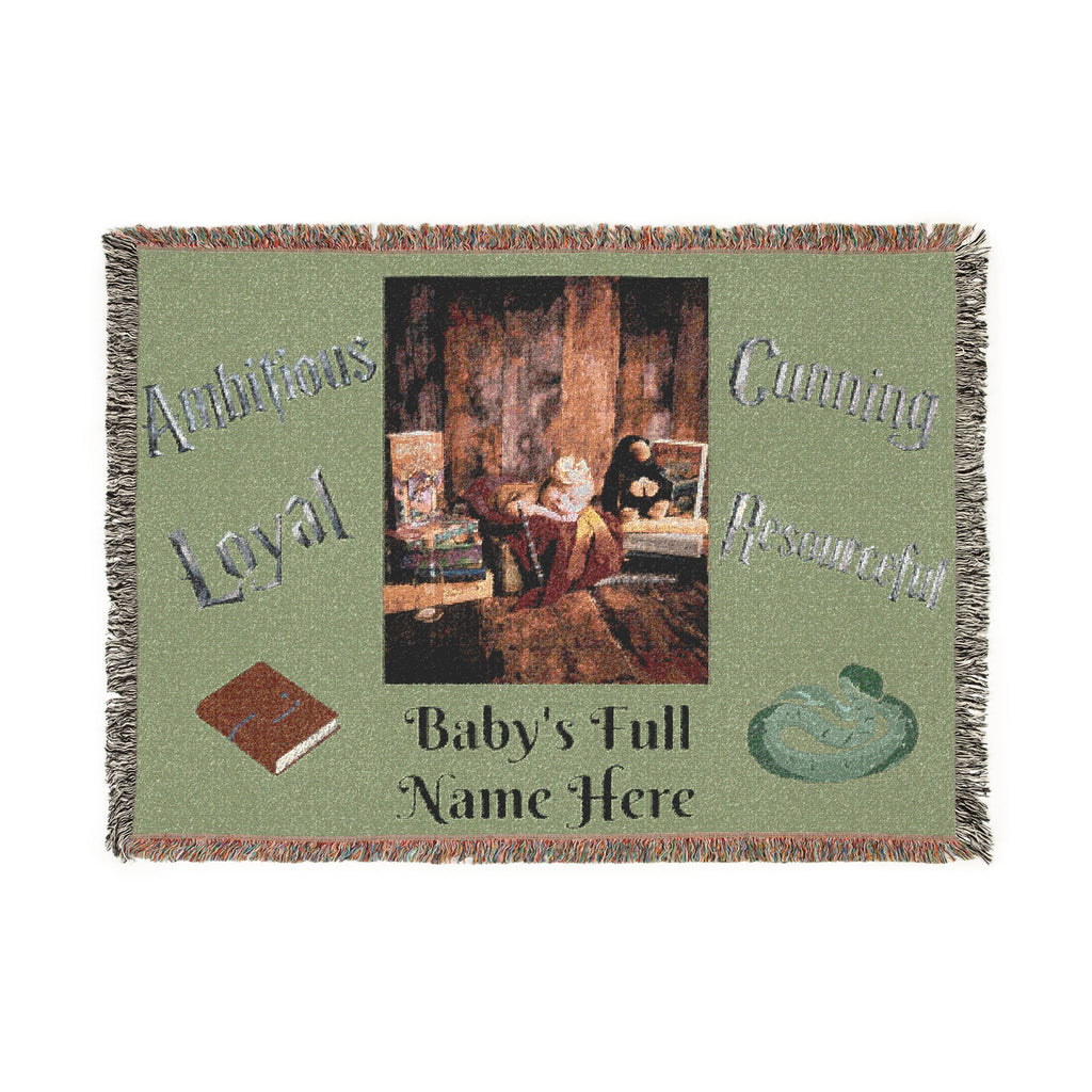 Personalized Baby Woven Blanket — Nursery Keepsake with Name, photo, and Slytherin Illustration