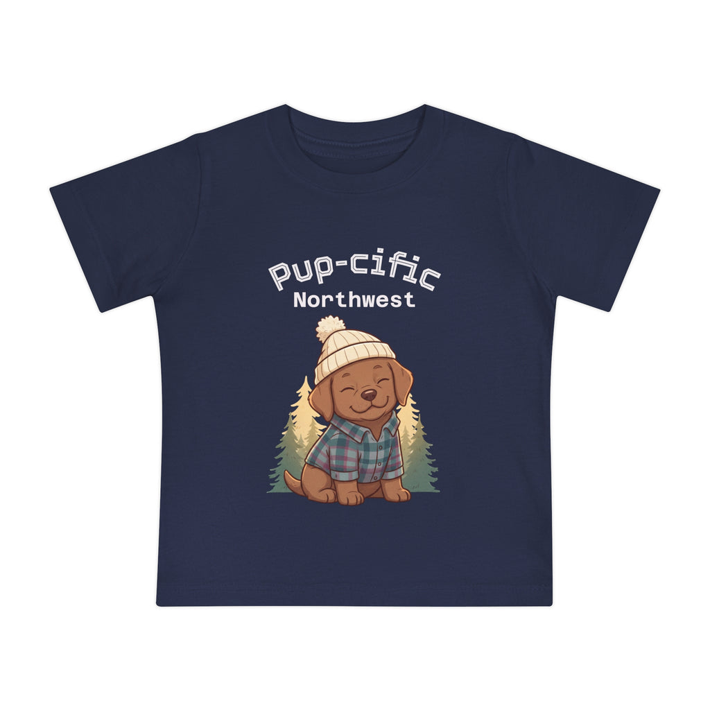 Pup-cific Northwest Baby T‑Shirt — Cute Plaid Puppy with Beanie, Baby Tee