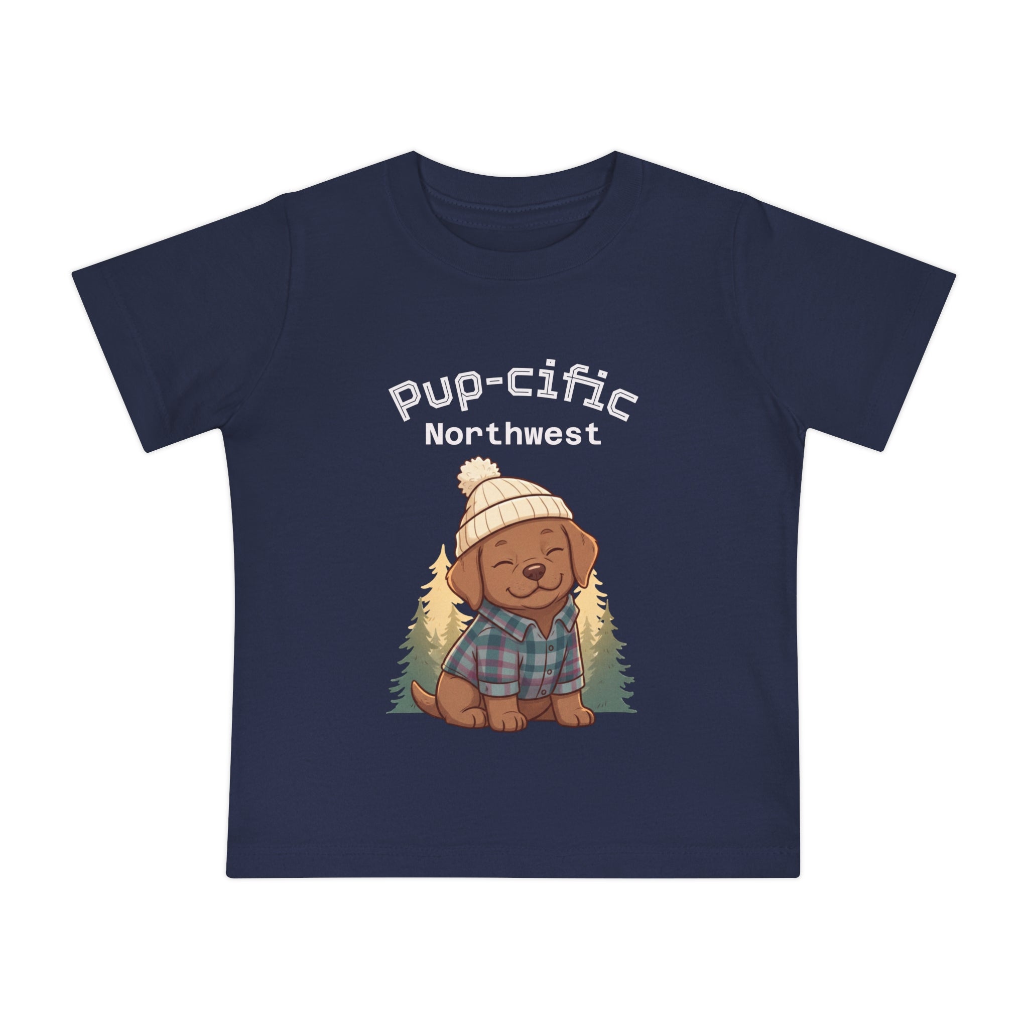 Pup-cific Northwest Baby T‑Shirt — Cute Plaid Puppy with Beanie, Baby Tee
