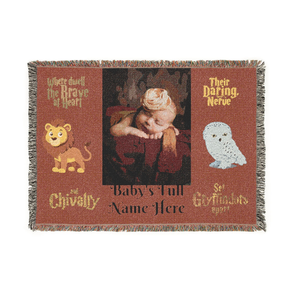Personalized Woven Blanket — Custom Name and photo, Cozy Nursery Keepsake with Gryffindor Motifs