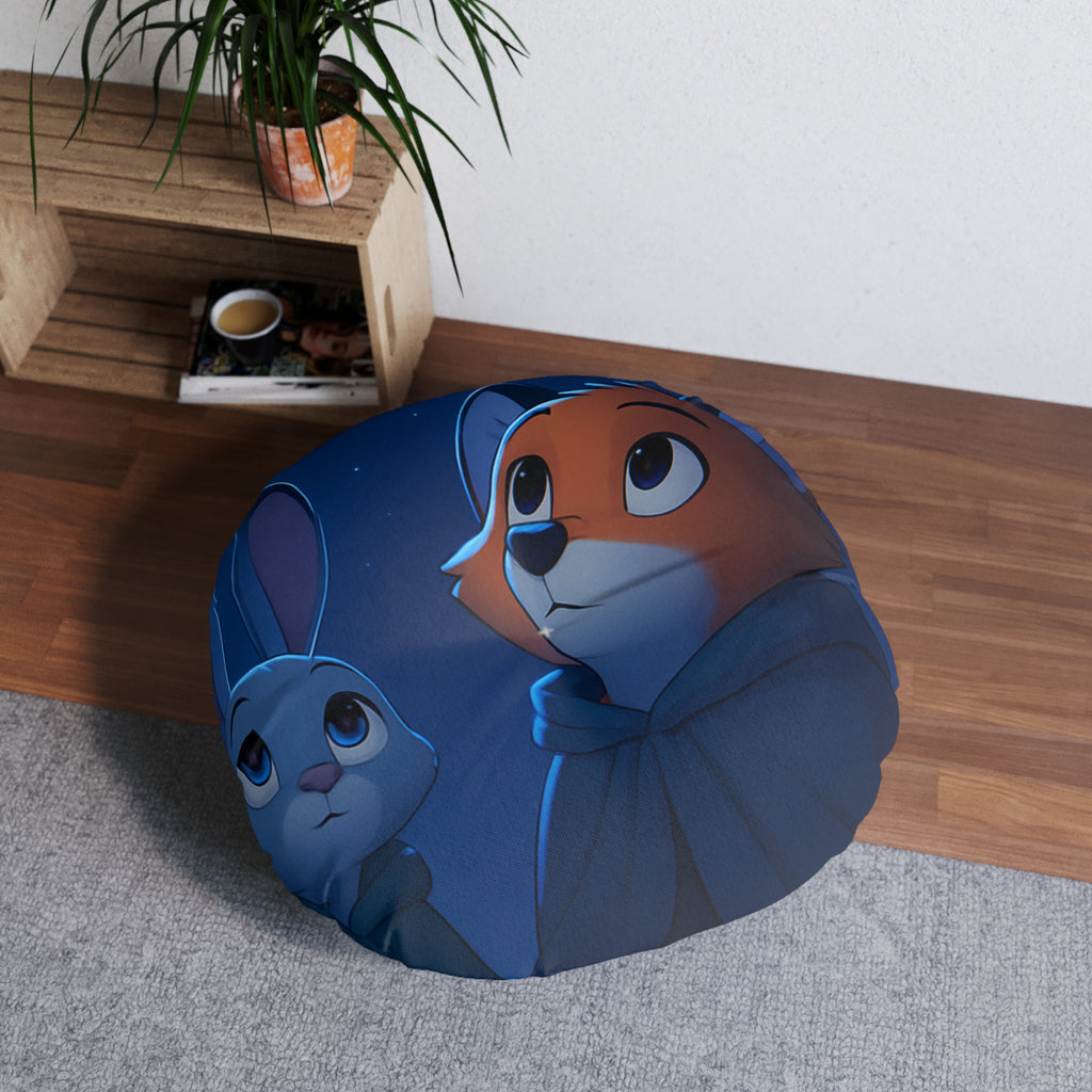 Round Tufted Floor Pillow — Starry Night Fox & Bunny Illustration