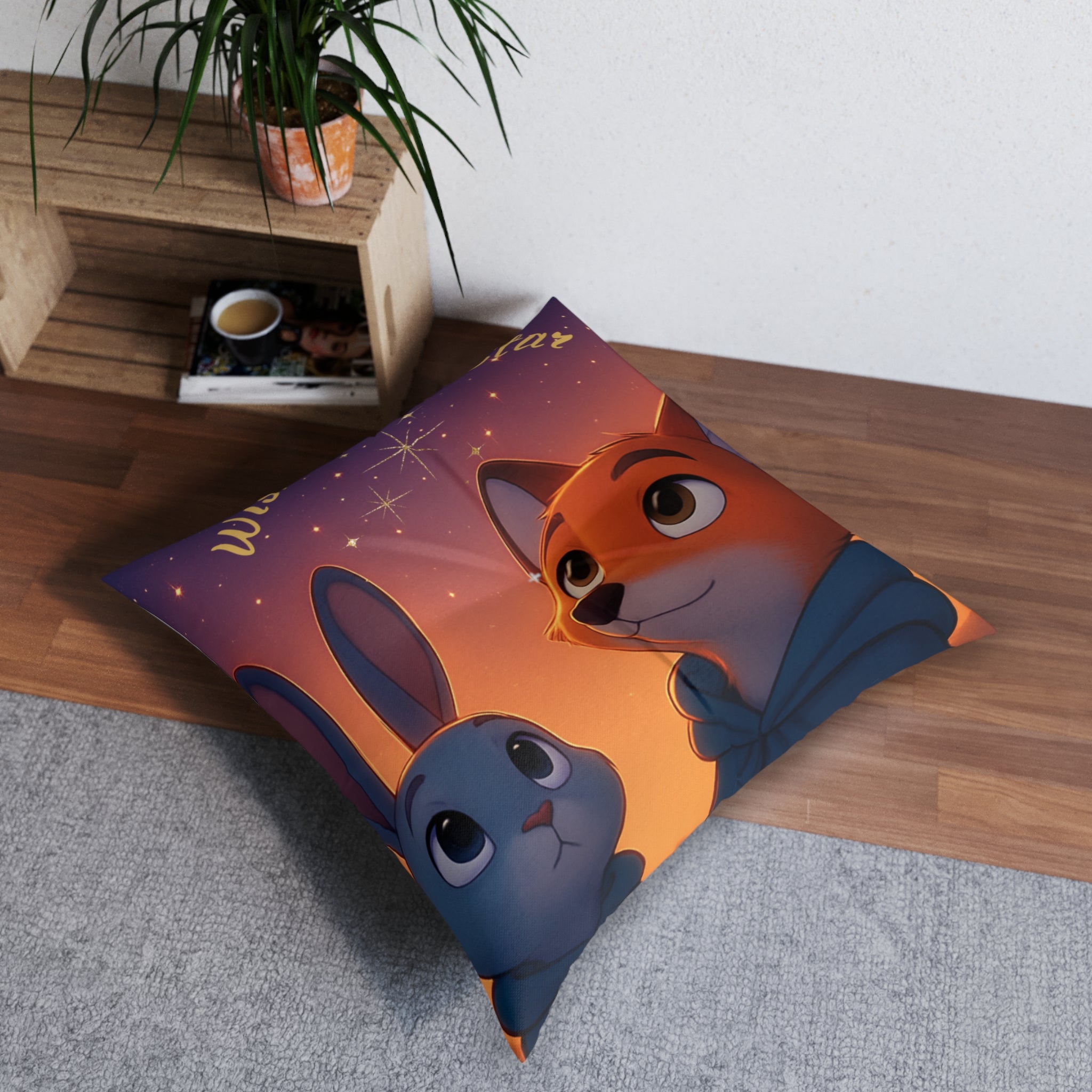 Wish Upon a Star Tufted Floor Pillow — Cute Fox & Bunny Night Sky Kids Decor