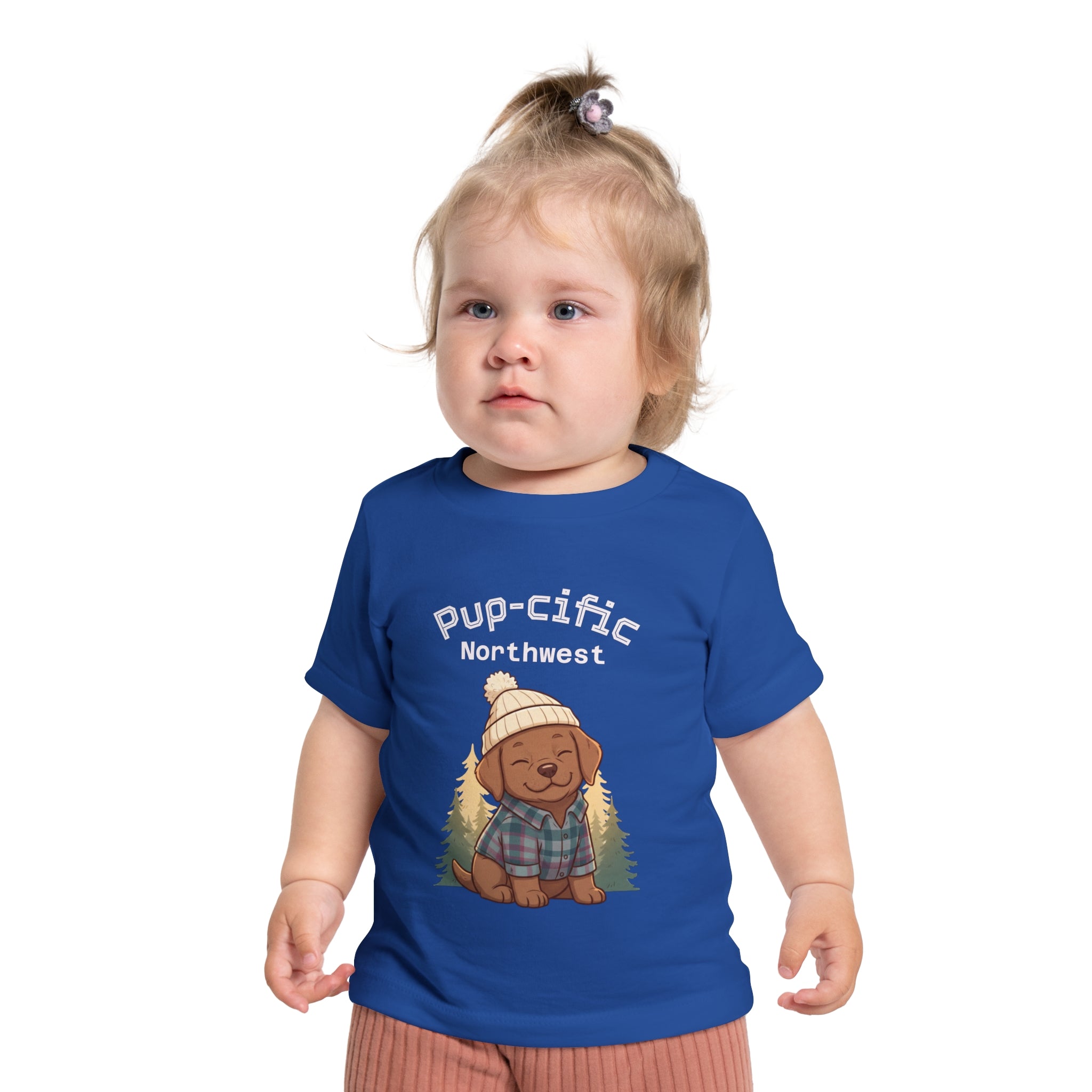 Pup-cific Northwest Baby T‑Shirt — Cute Plaid Puppy with Beanie, Baby Tee