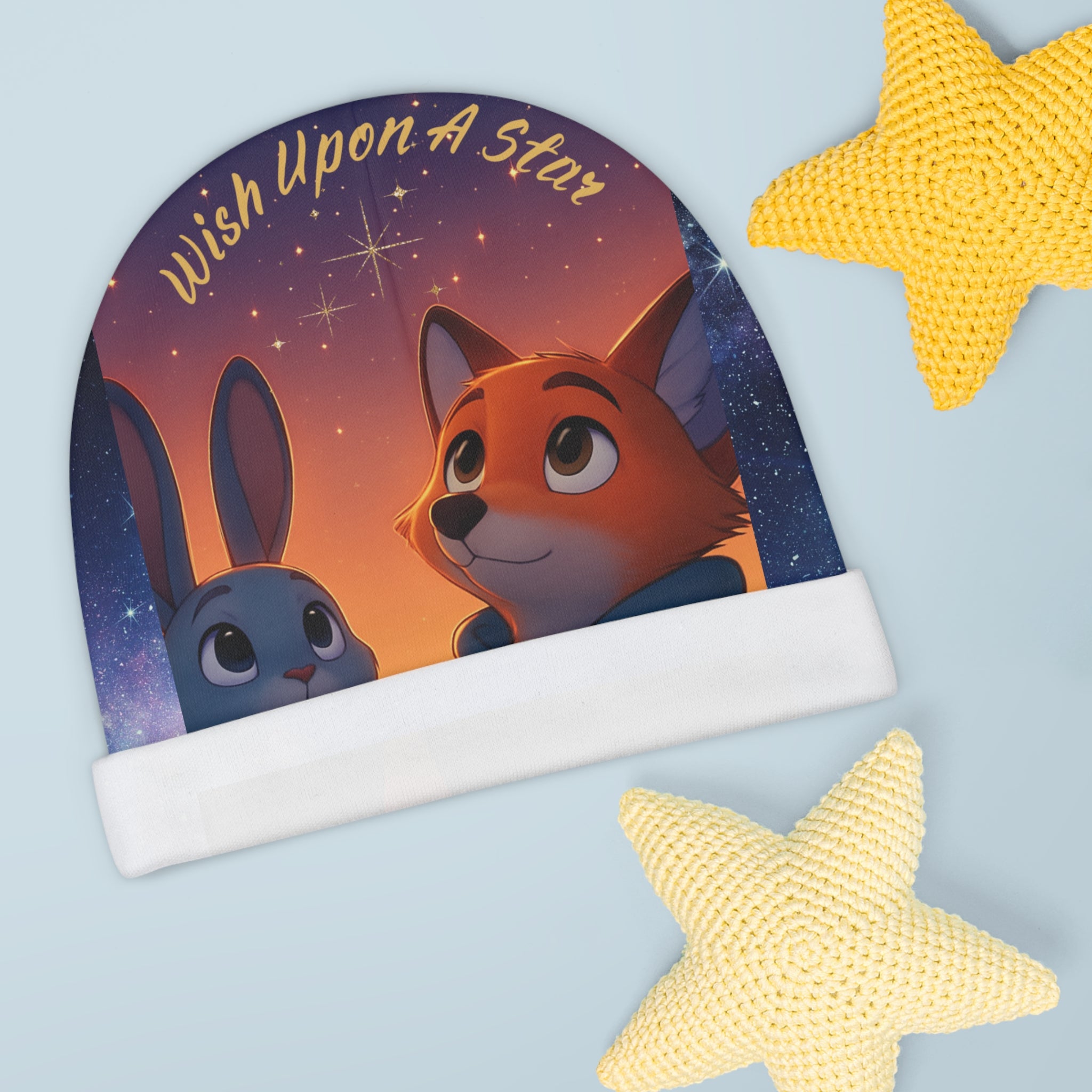 Baby Beanie – "Wish Upon A Star" Cute Fox & Bunny Night Sky Infant Hat