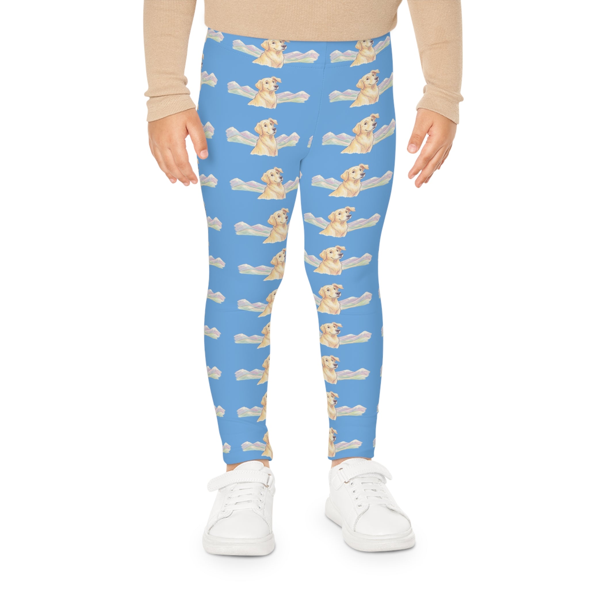 Kids Leggings — Cute Golden Retriever Puppy Pattern on Sky Blue (All-Over Print)