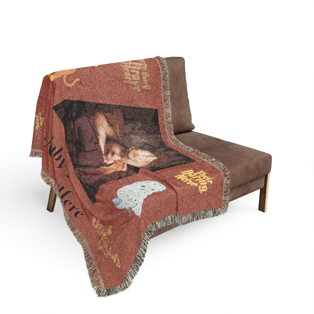 Personalized Woven Blanket — Custom Name and photo, Cozy Nursery Keepsake with Gryffindor Motifs