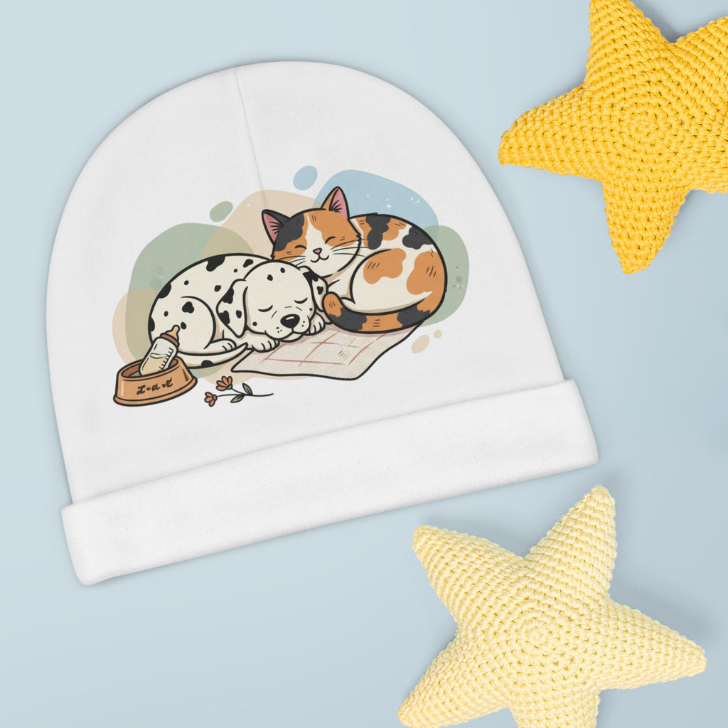 Baby Beanie — Cute Sleeping Puppy & Cat Print Newborn Hat