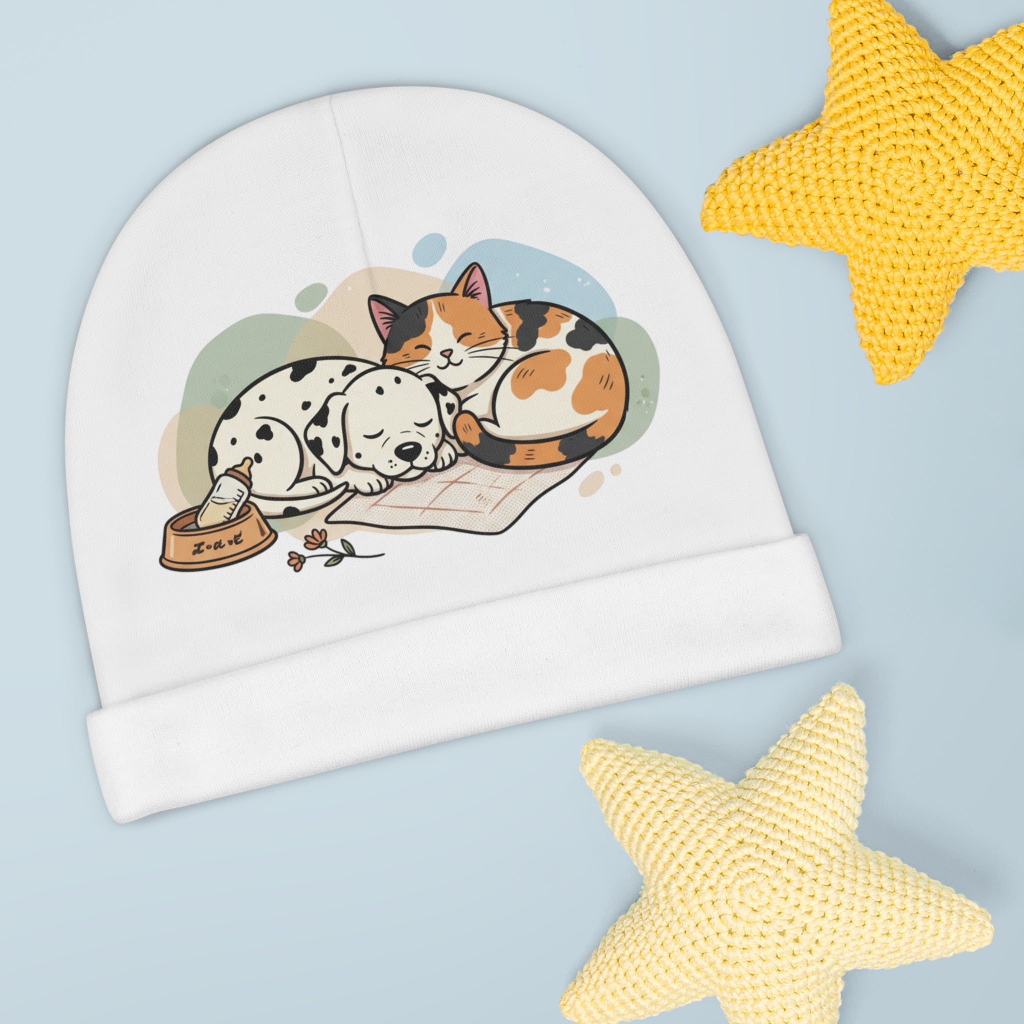 Baby Beanie — Cute Sleeping Puppy & Cat Print Newborn Hat