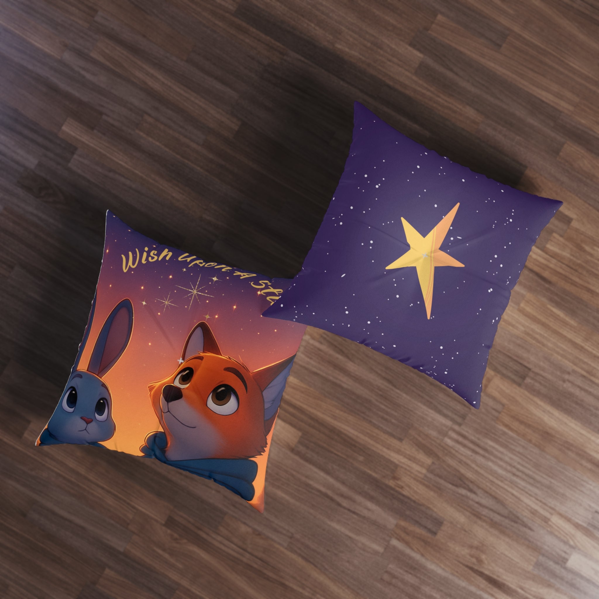 Wish Upon a Star Tufted Floor Pillow — Cute Fox & Bunny Night Sky Kids Decor