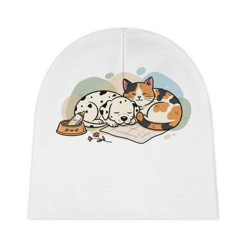 Baby Beanie — Cute Sleeping Puppy & Cat Print Newborn Hat