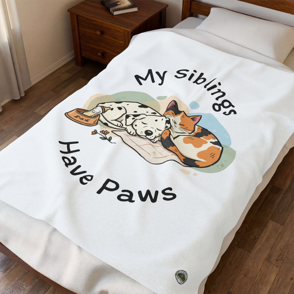My Siblings Have Paws Velveteen Plush Blanket – Cute Dog & Cat Pet Lover Throw
