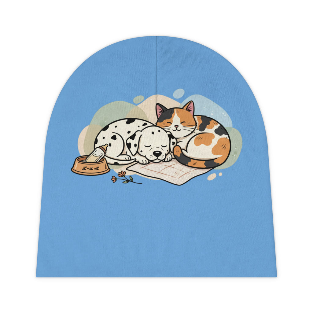 Baby Beanie - Cute Sleeping Puppy & Kitten Graphic Infant Hat blue