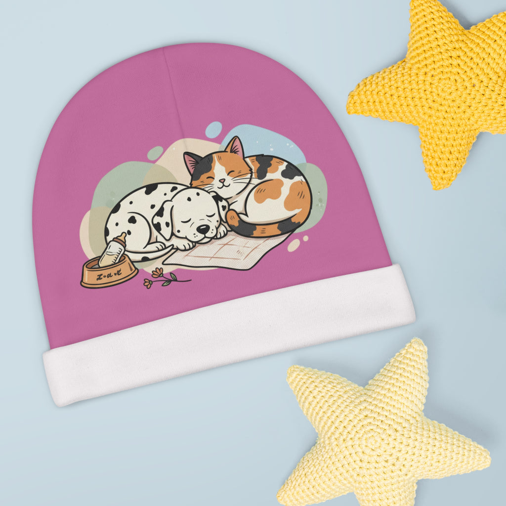 Baby Beanie — Cute Sleeping Puppy & Kitty Print Newborn Hat pink