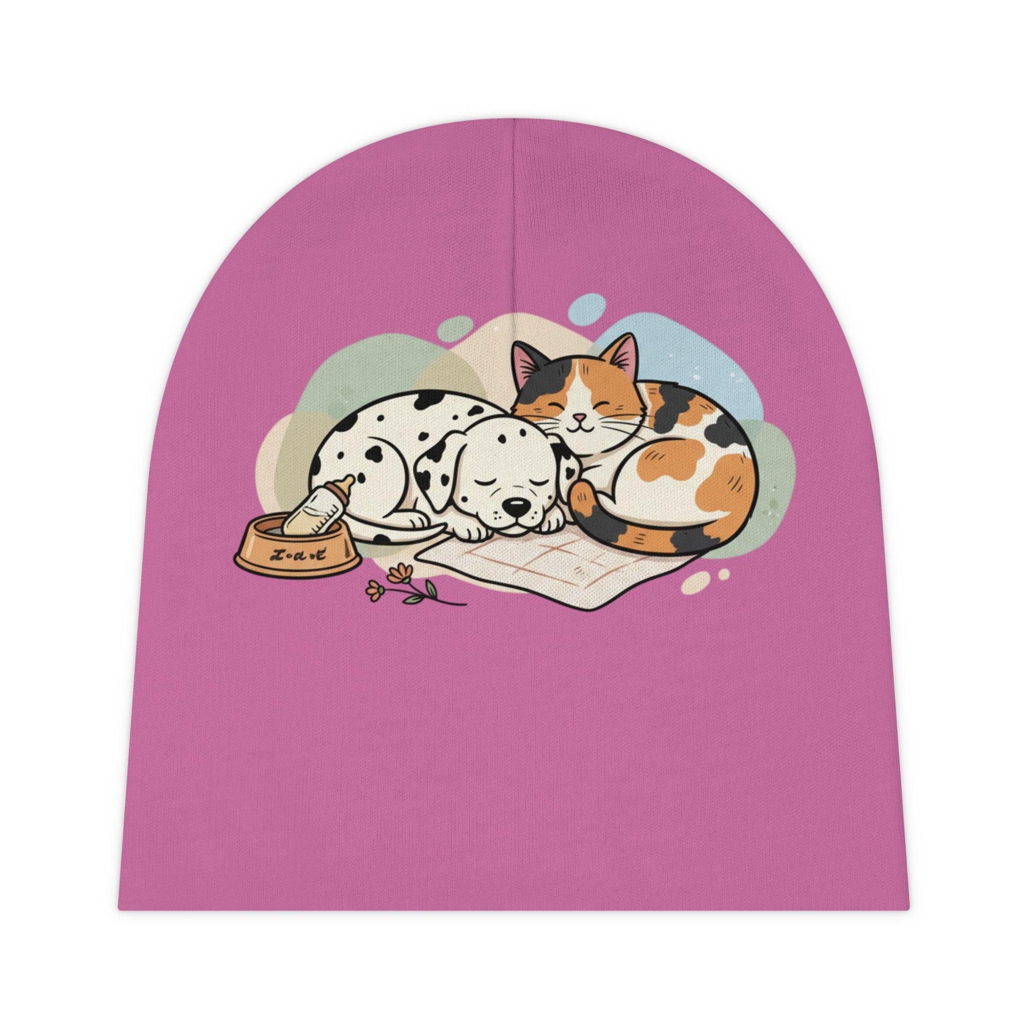 Baby Beanie — Cute Sleeping Puppy & Kitty Print Newborn Hat pink