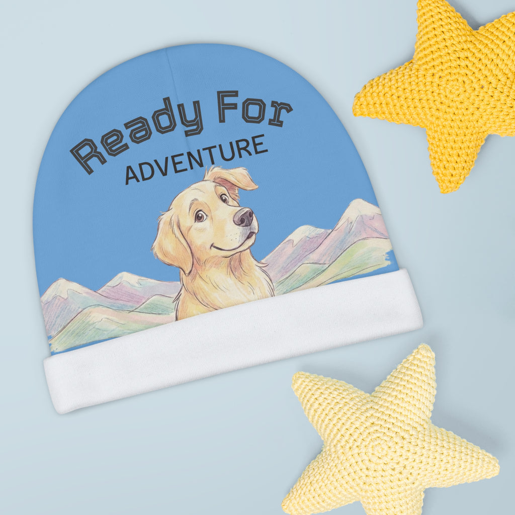 Baby Beanie — "Ready for Adventure" Golden Retriever Mountain Infant Hat