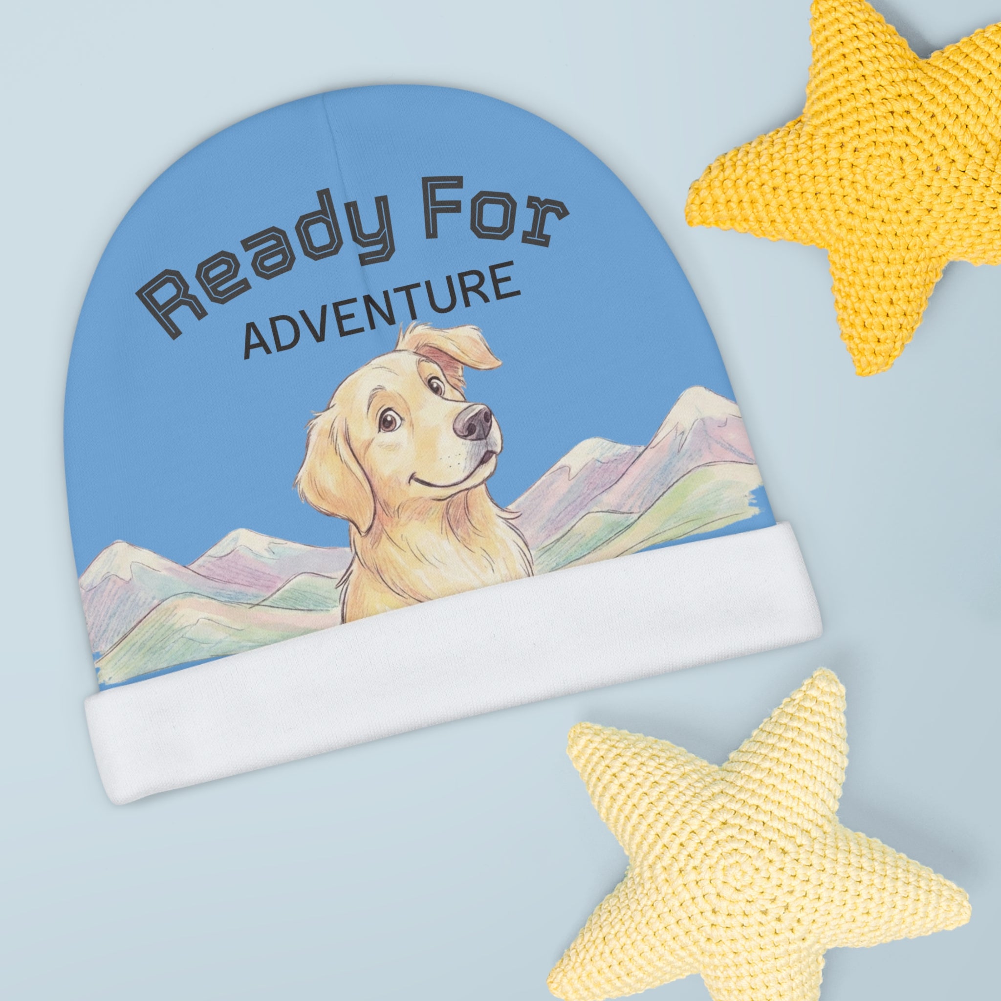 Baby Beanie — "Ready for Adventure" Golden Retriever Mountain Infant Hat