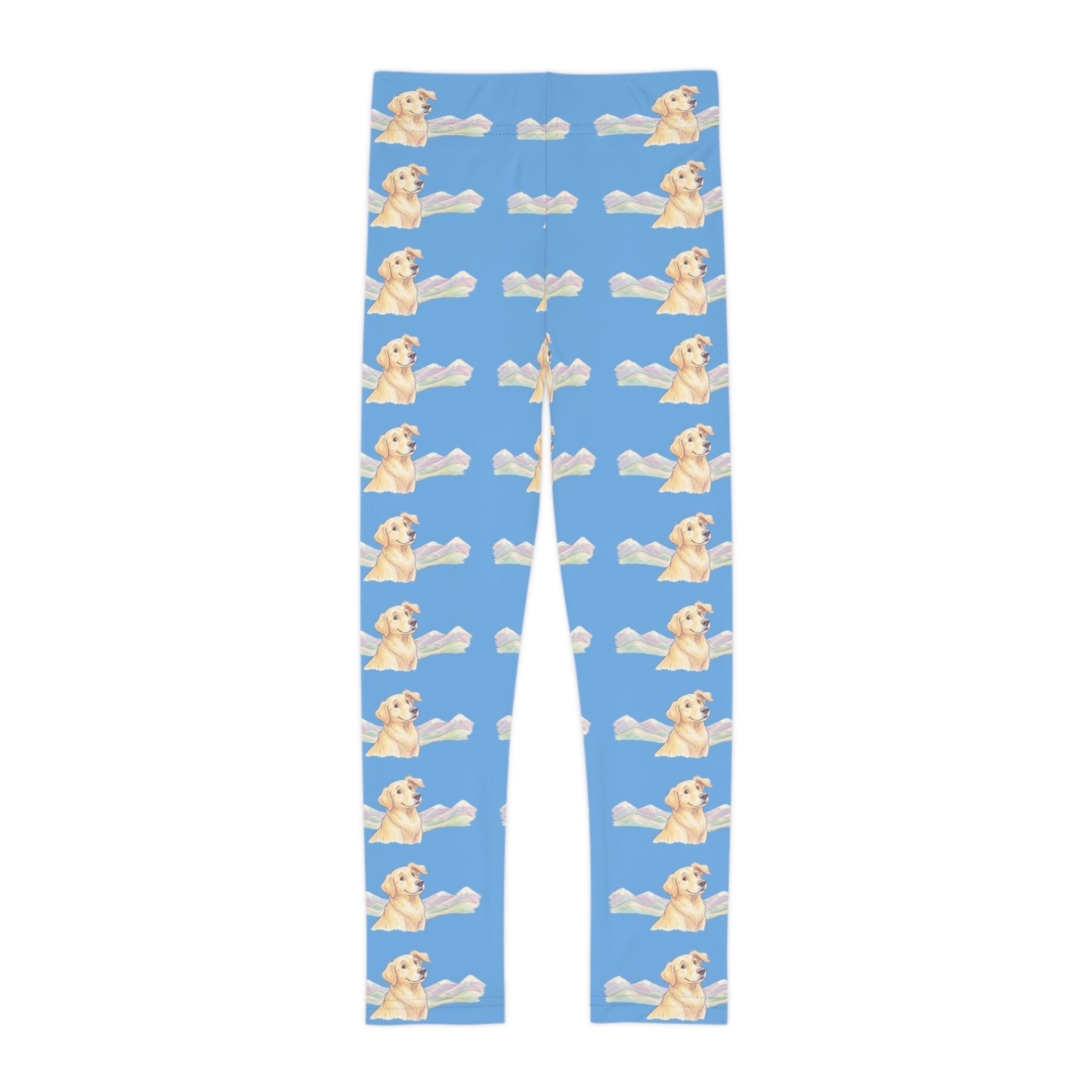 Kids Leggings — Cute Golden Retriever Puppy Pattern on Sky Blue (All-Over Print)