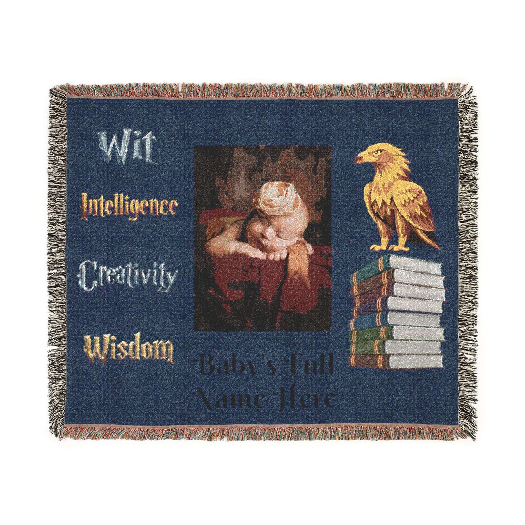 Woven Blanket - 'Wit Intelligence Creativity Wisdom' Library Raven Throw - customize photo and name