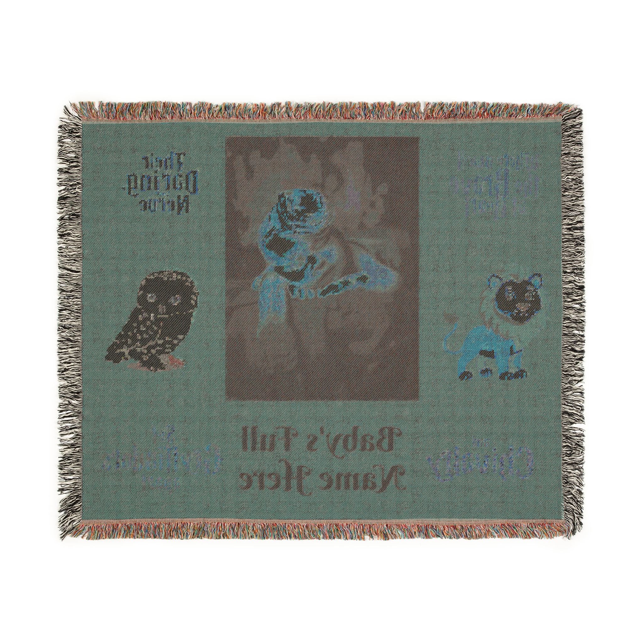 Personalized Woven Blanket — Custom Name and photo, Cozy Nursery Keepsake with Gryffindor Motifs