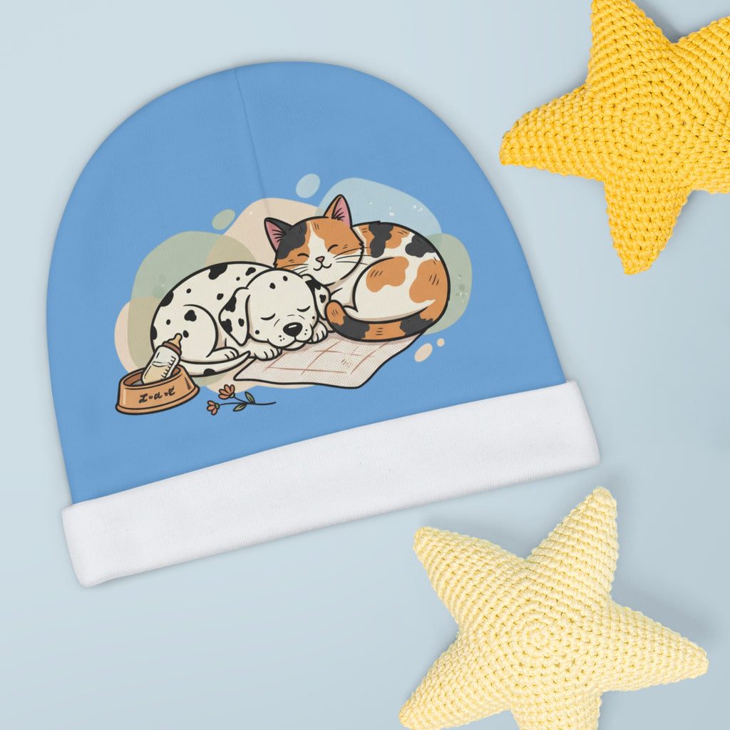 Baby Beanie - Cute Sleeping Puppy & Kitten Graphic Infant Hat blue