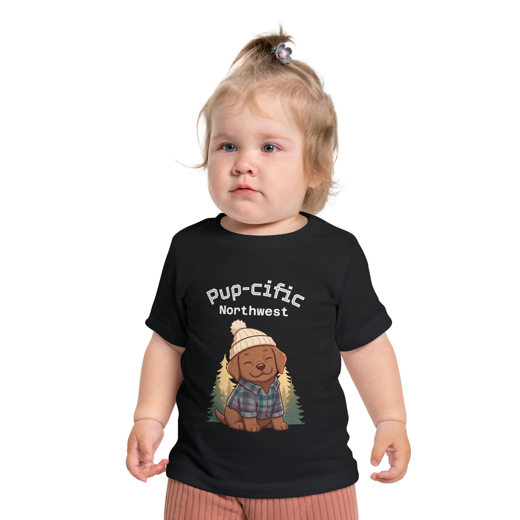Pup-cific Northwest Baby T‑Shirt — Cute Plaid Puppy with Beanie, Baby Tee
