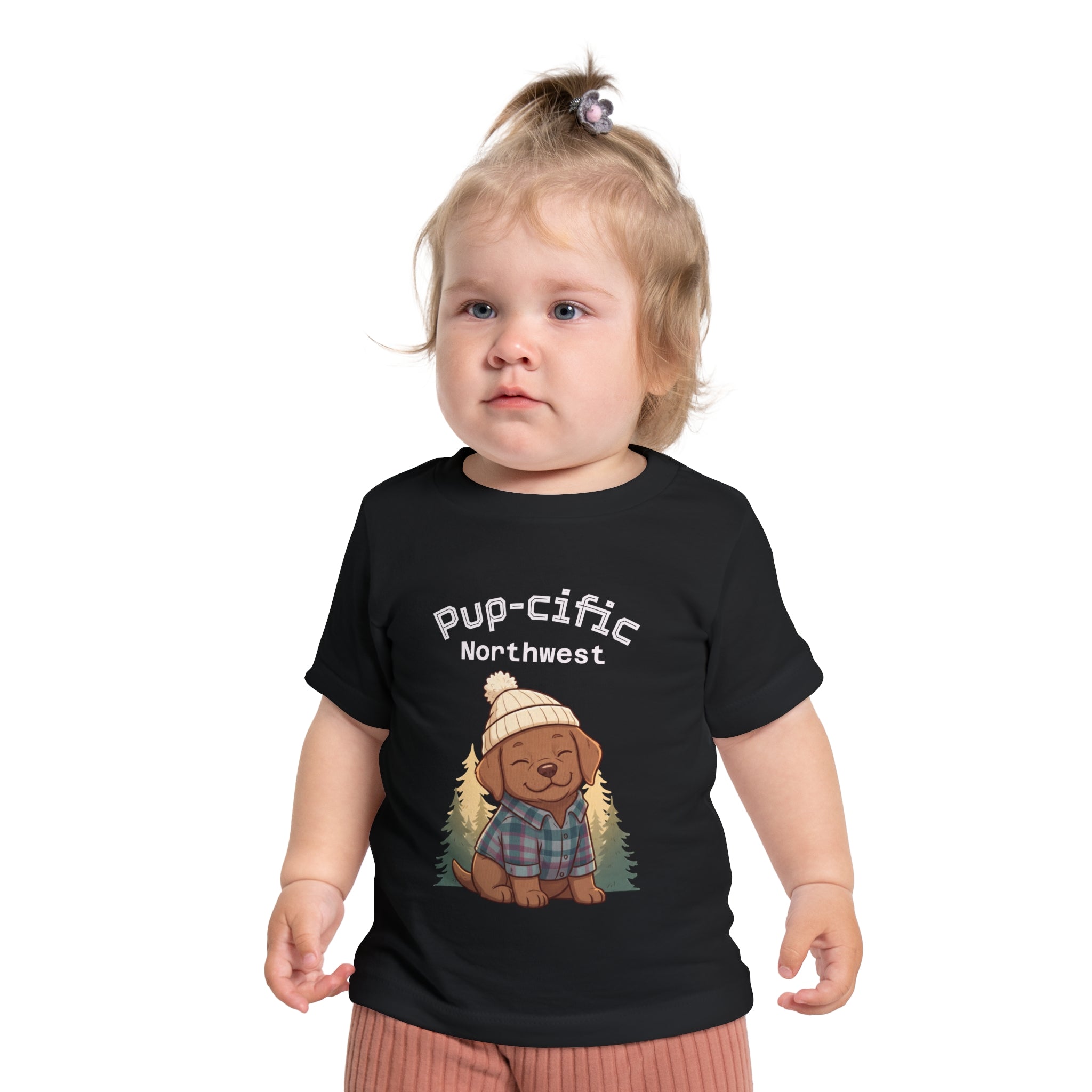 Pup-cific Northwest Baby T‑Shirt — Cute Plaid Puppy with Beanie, Baby Tee