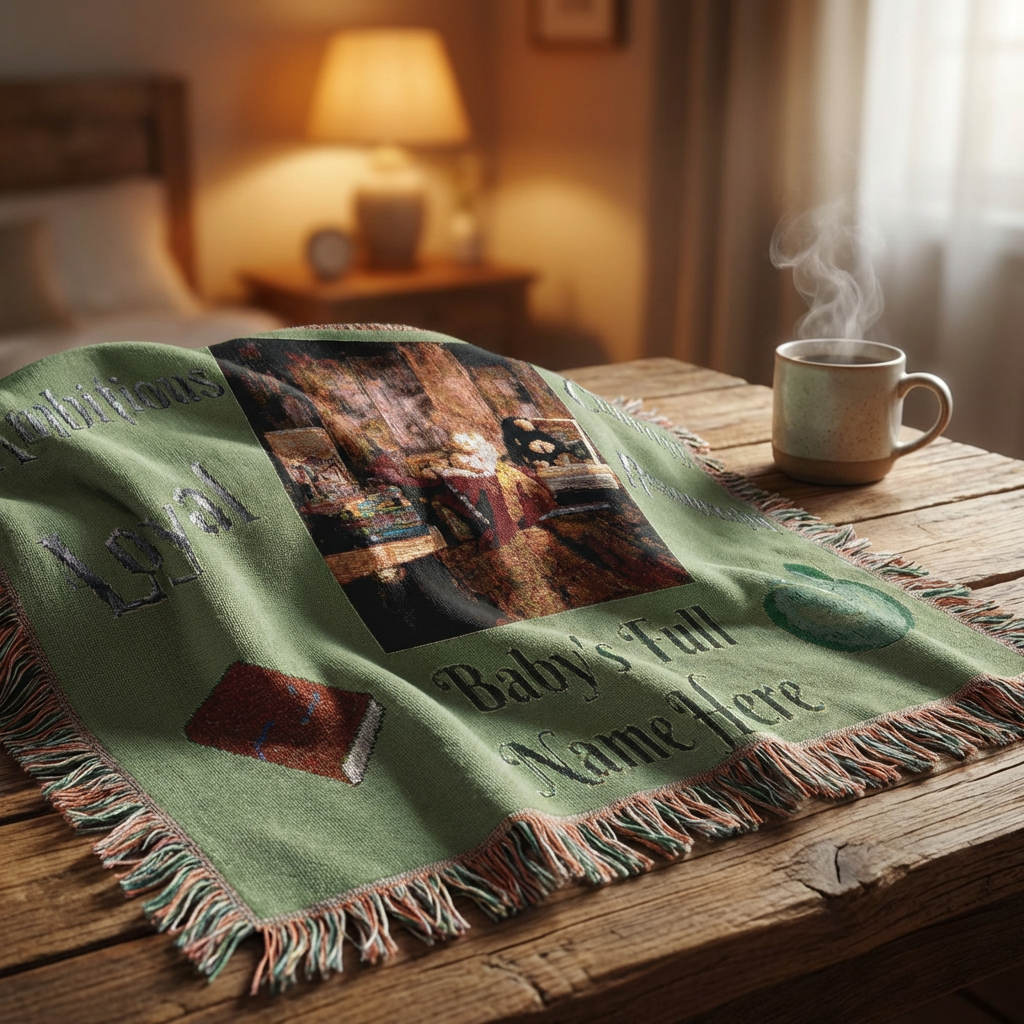 Personalized Baby Woven Blanket — Nursery Keepsake with Name, photo, and Slytherin Illustration