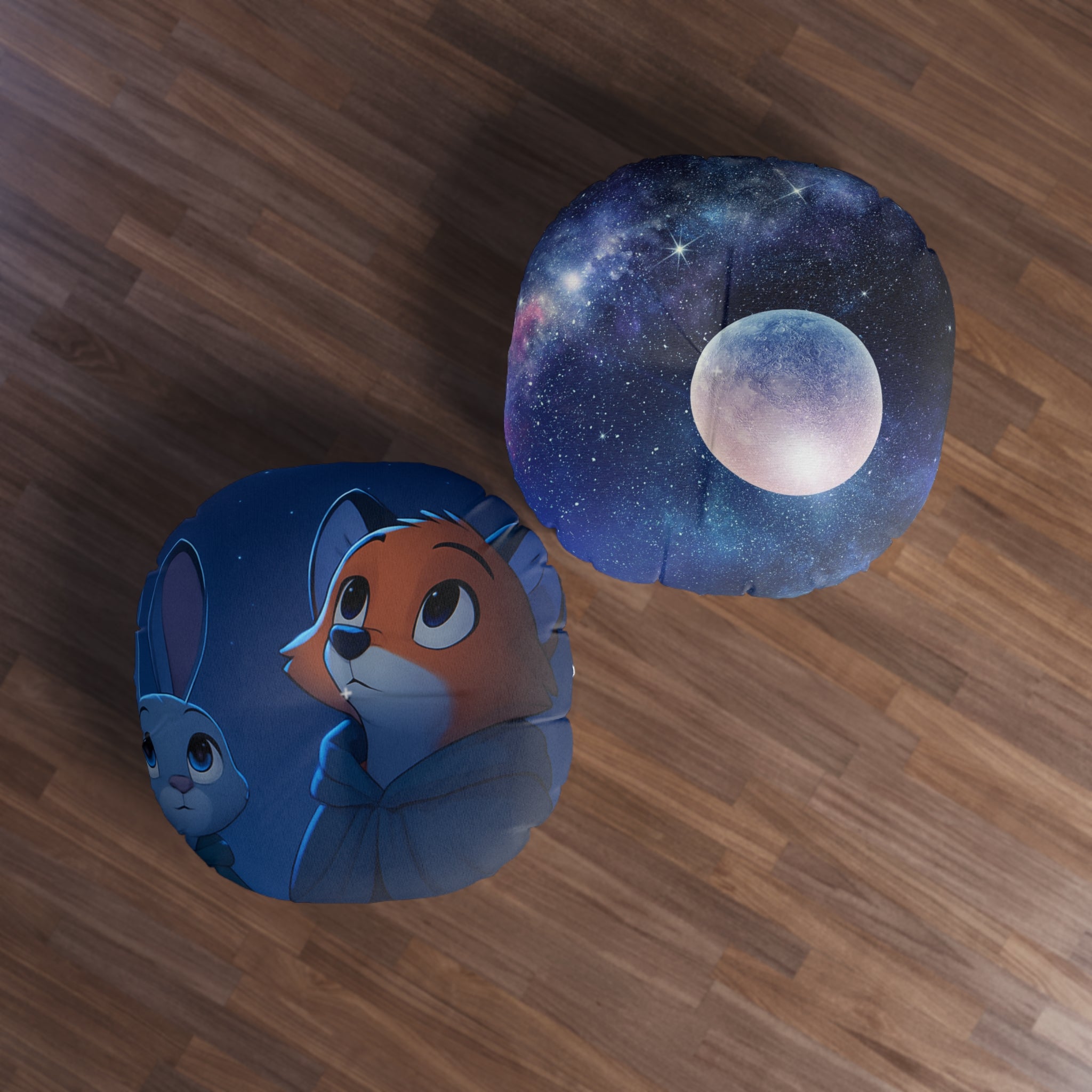 Round Tufted Floor Pillow — Starry Night Fox & Bunny Illustration
