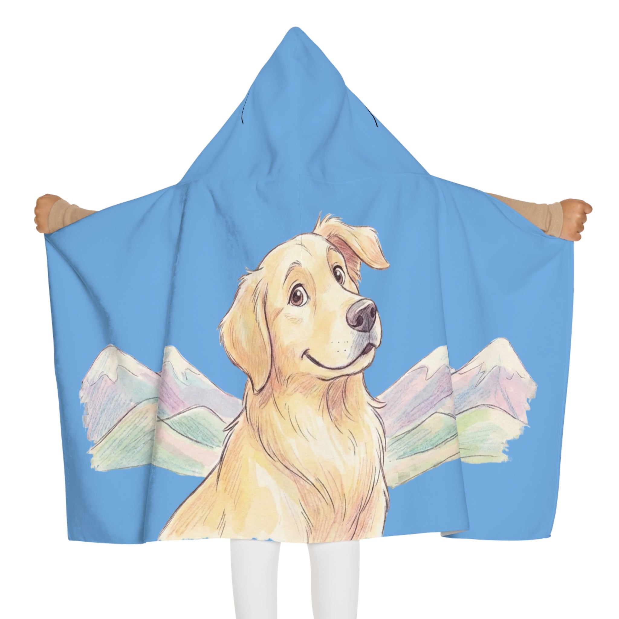 Youth Hooded Towel - Golden Retriever Puppy with Mountains Kids Beach & Bath Towel