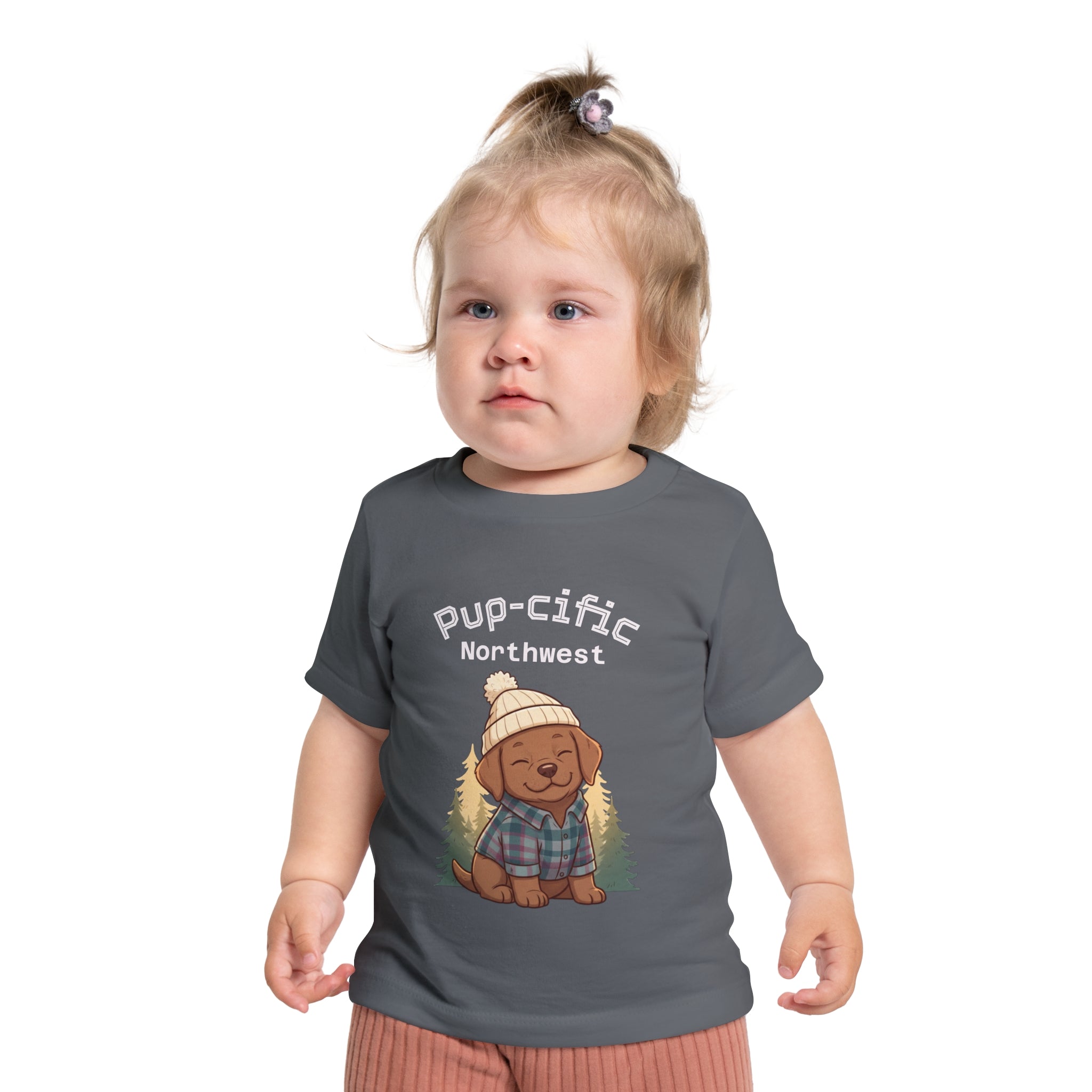 Pup-cific Northwest Baby T‑Shirt — Cute Plaid Puppy with Beanie, Baby Tee