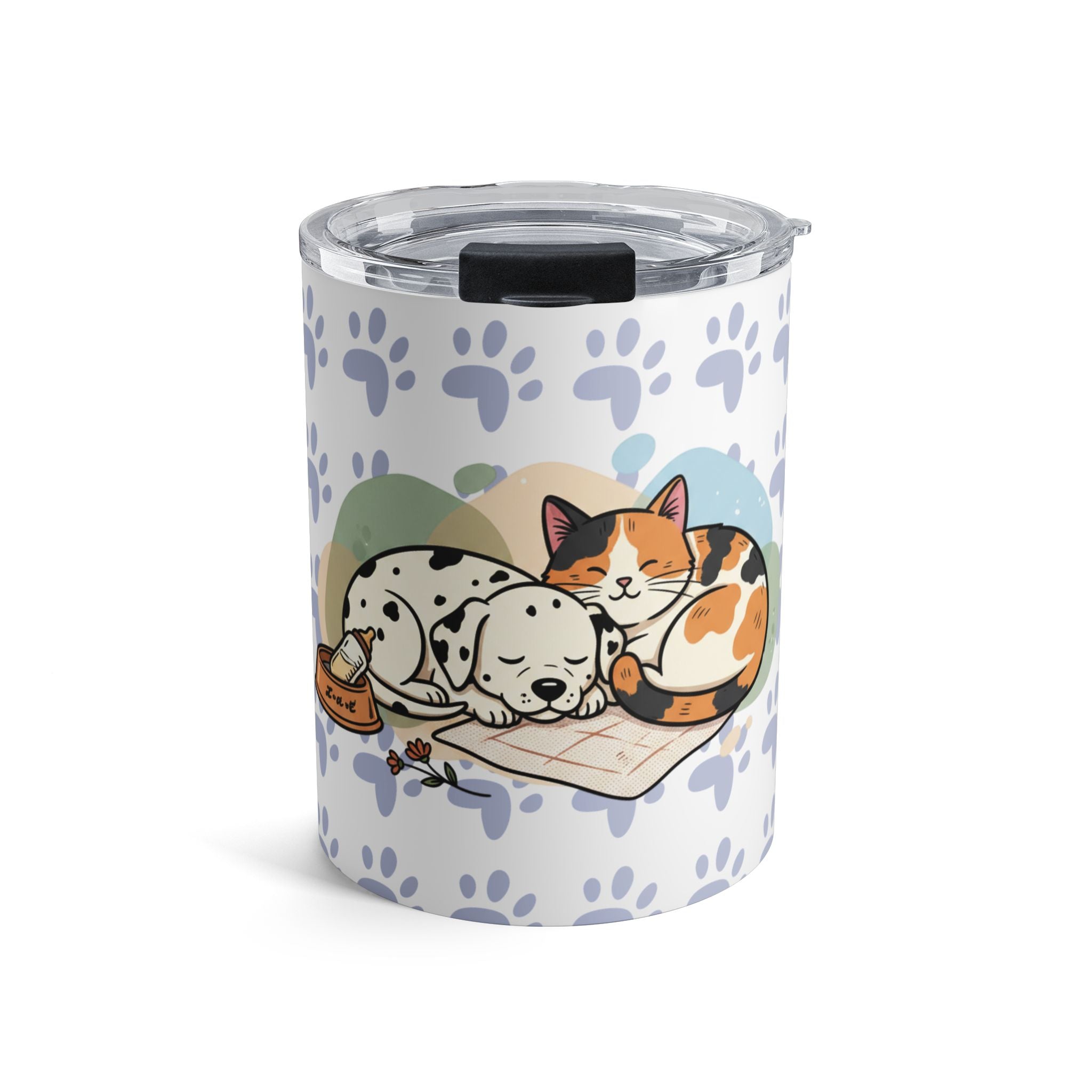 10oz Pet Paw Tumbler — Cute Sleeping Dog & Cat Design, Insulated Drink Cup for Pet Loving kids