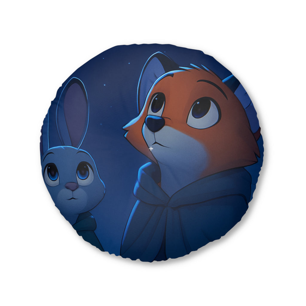 Round Tufted Floor Pillow — Starry Night Fox & Bunny Illustration