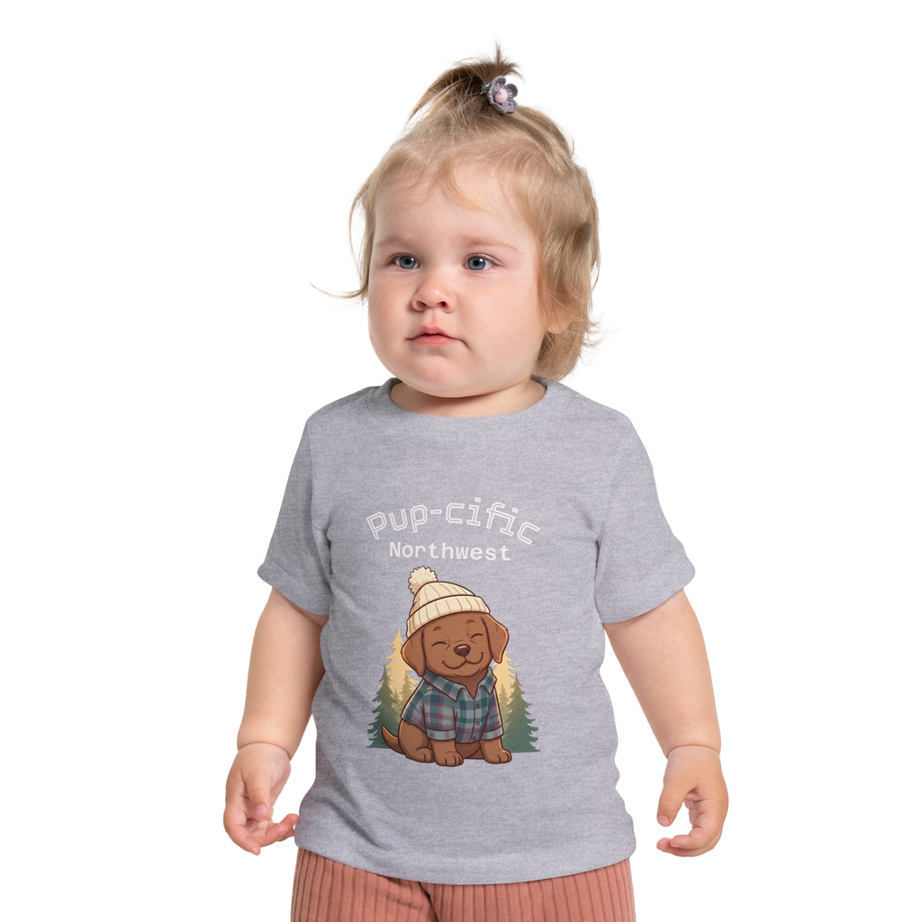 Pup-cific Northwest Baby T‑Shirt — Cute Plaid Puppy with Beanie, Baby Tee