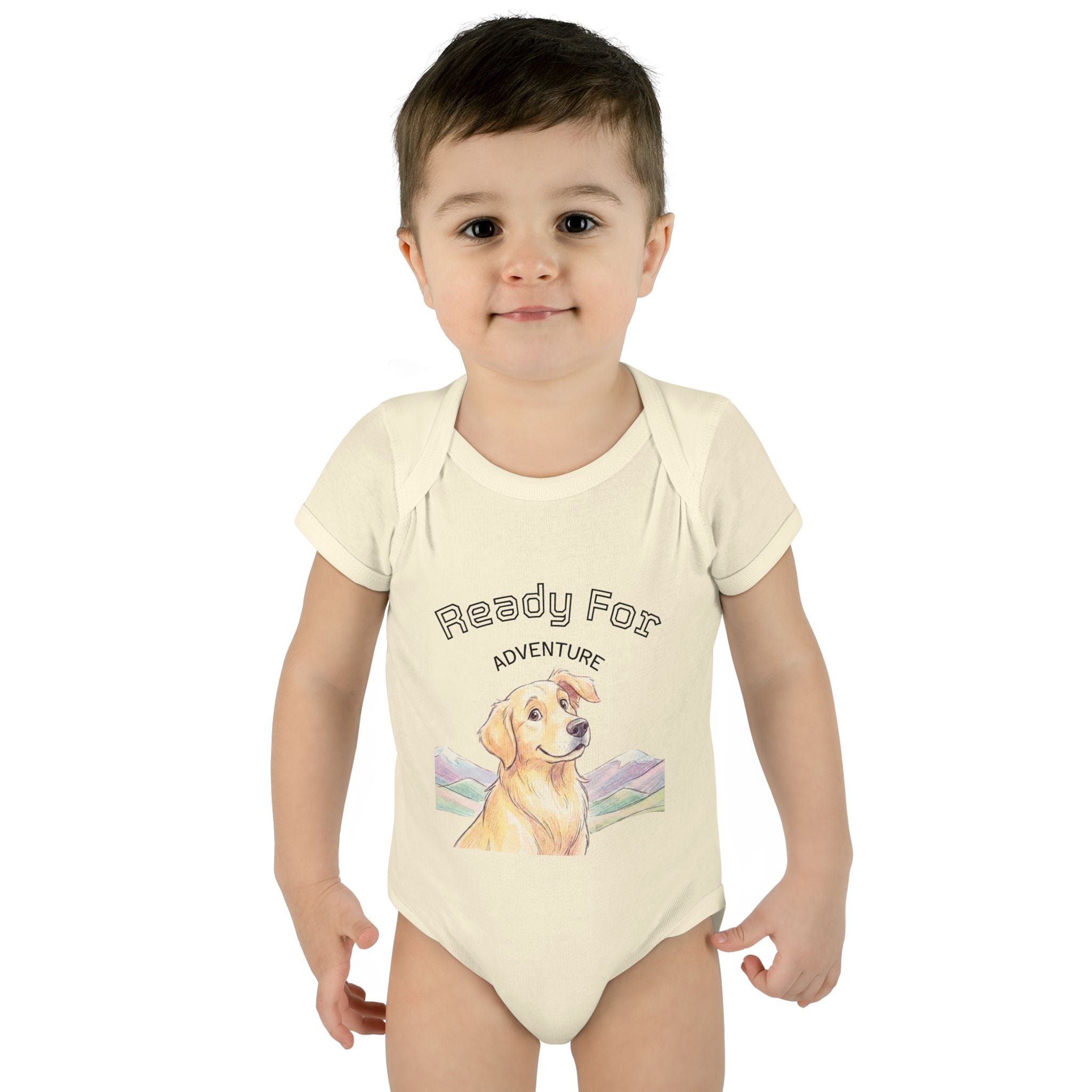 Ready for Adventure Baby Bodysuit — Golden Retriever Puppy Graphic Infant Onesie