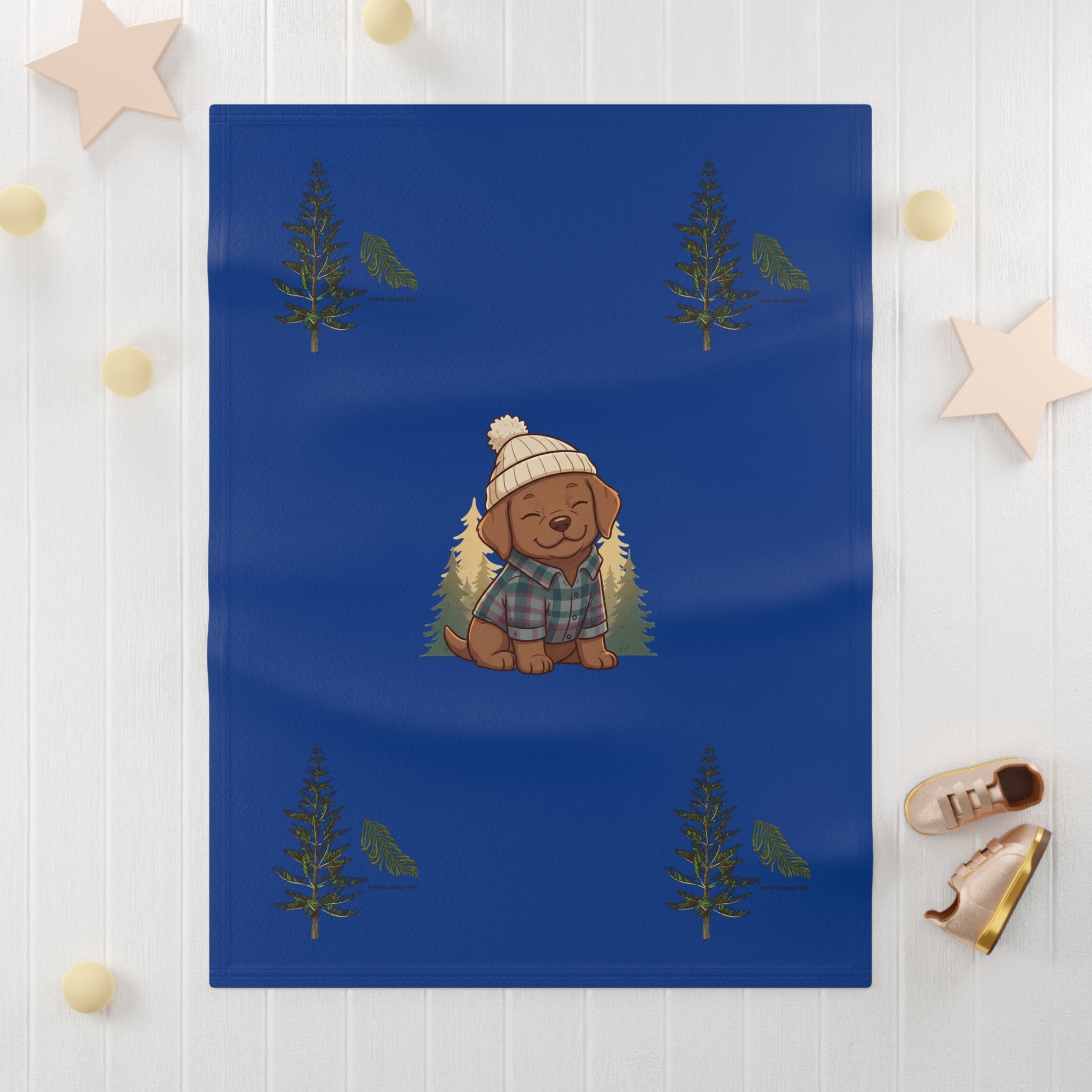 Woodland Puppy Fleece Baby Blanket — Cozy Camping PNW Design
