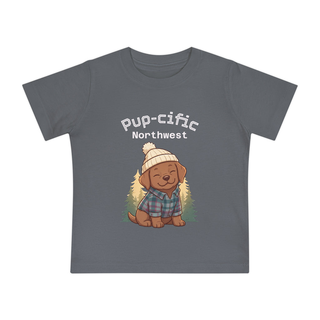 Pup-cific Northwest Baby T‑Shirt — Cute Plaid Puppy with Beanie, Baby Tee