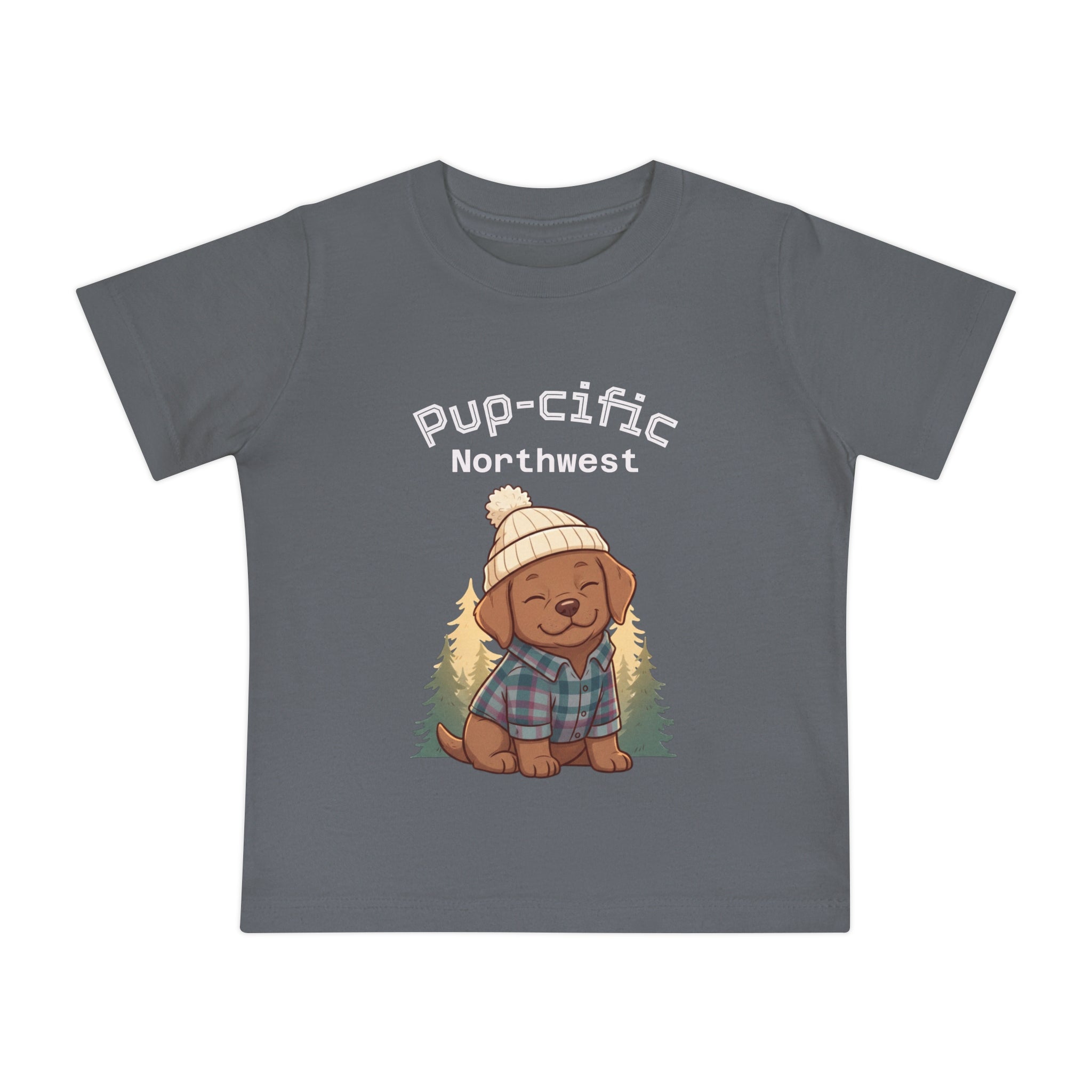Pup-cific Northwest Baby T‑Shirt — Cute Plaid Puppy with Beanie, Baby Tee