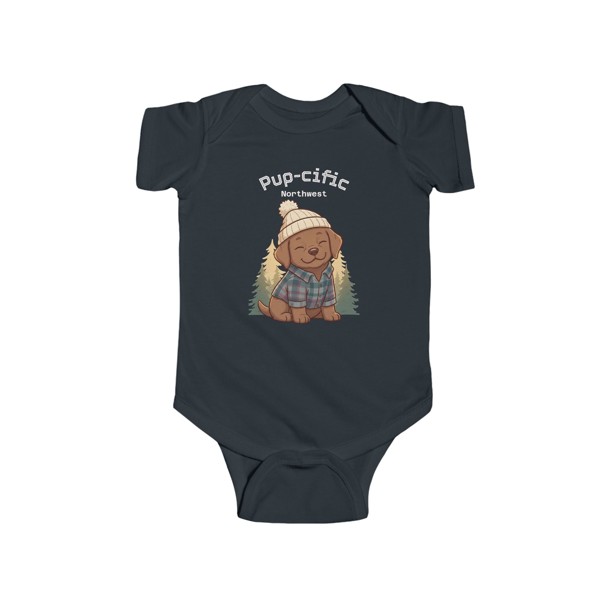 Cozy PNW Puppy Illustration Infant Bodysuit | Woodland Camping Tee