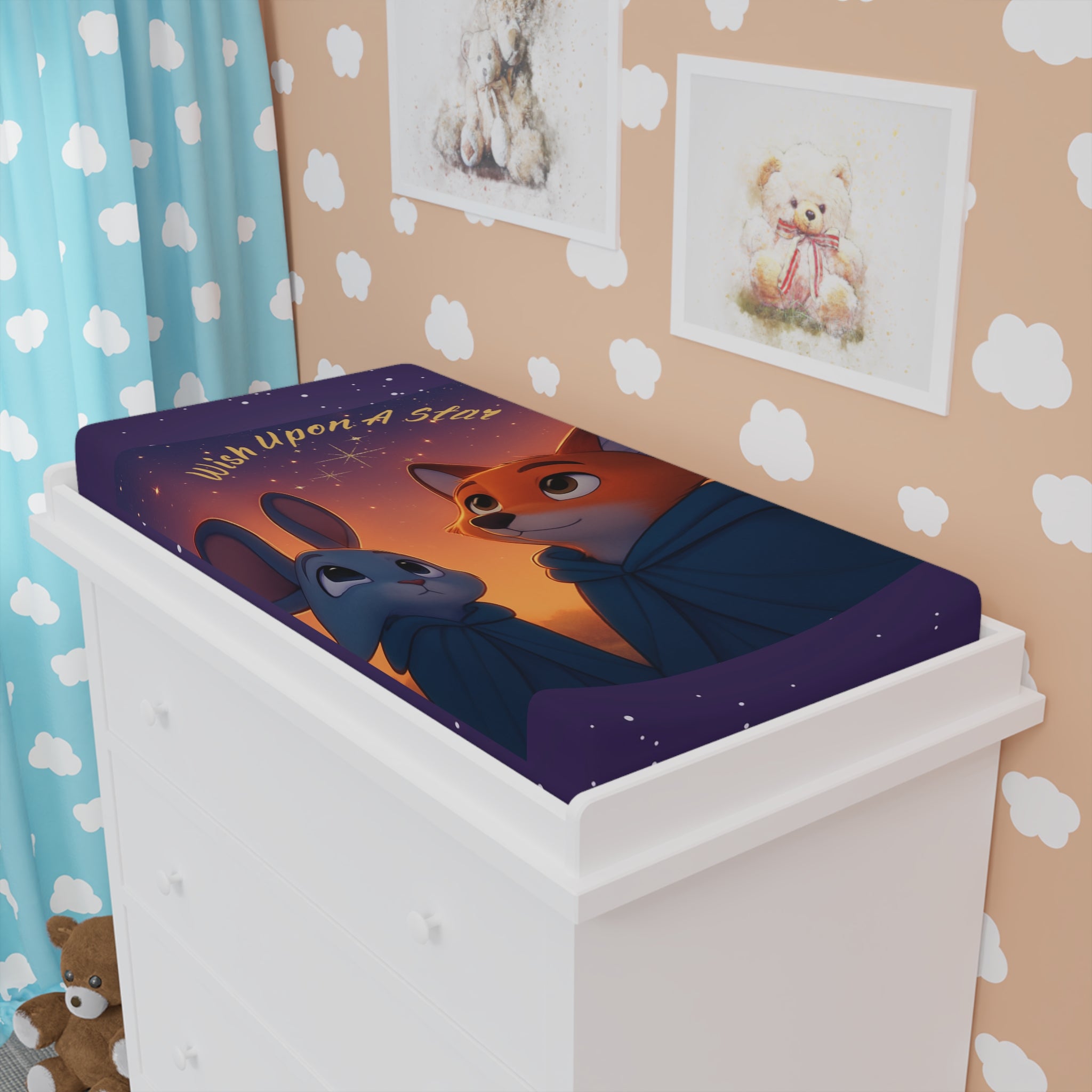 Changing Pad Cover — “Wish Upon a Star” Fox & Bunny Nursery Design