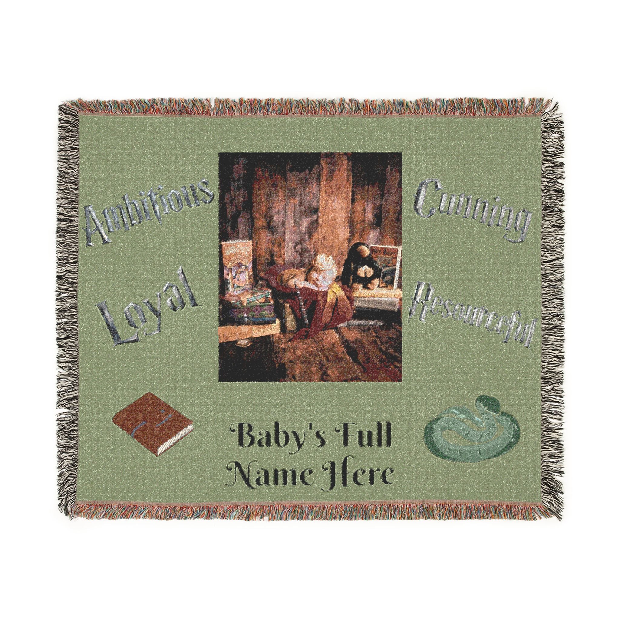 Personalized Baby Woven Blanket — Nursery Keepsake with Name, photo, and Slytherin Illustration