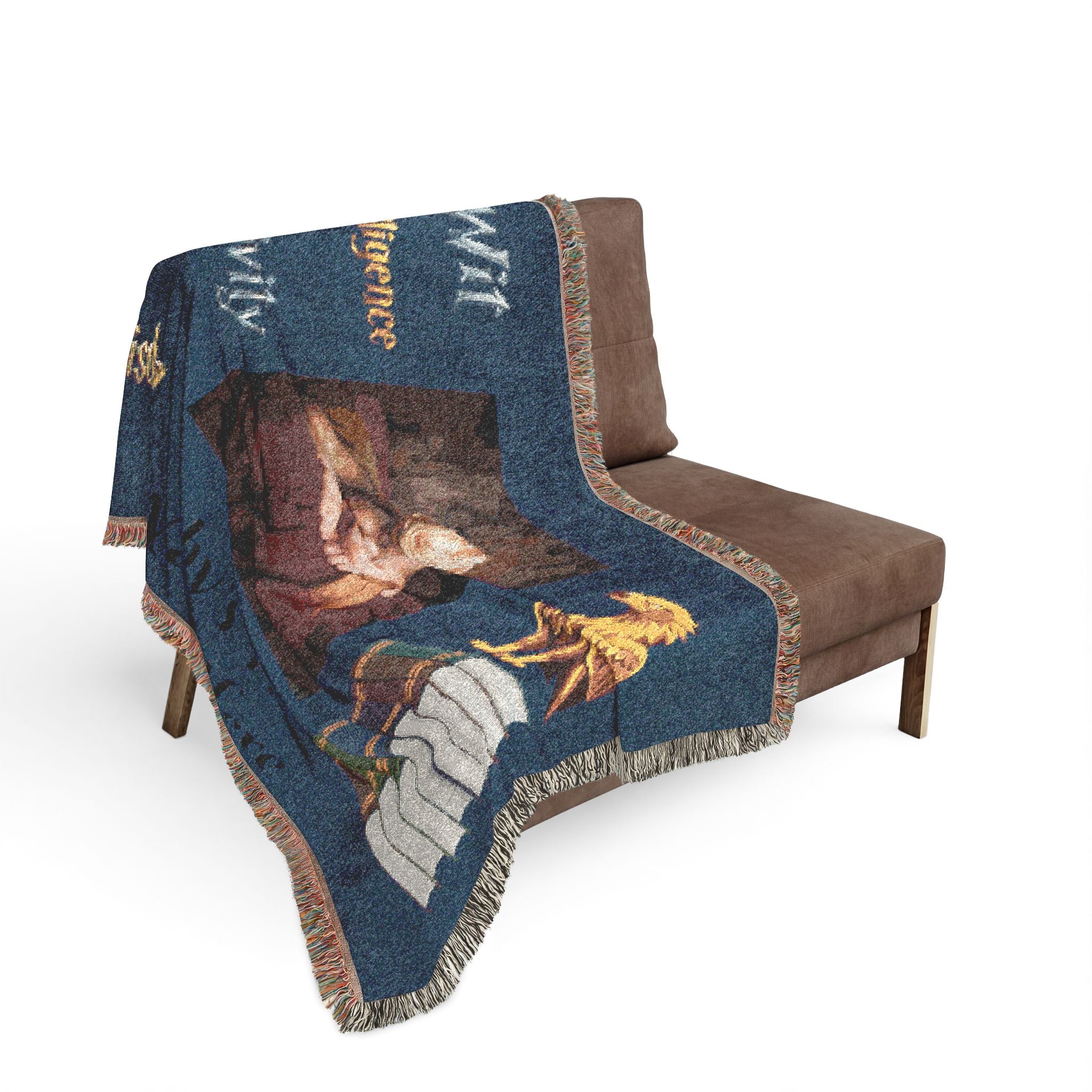 Woven Blanket - 'Wit Intelligence Creativity Wisdom' Library Raven Throw - customize photo and name