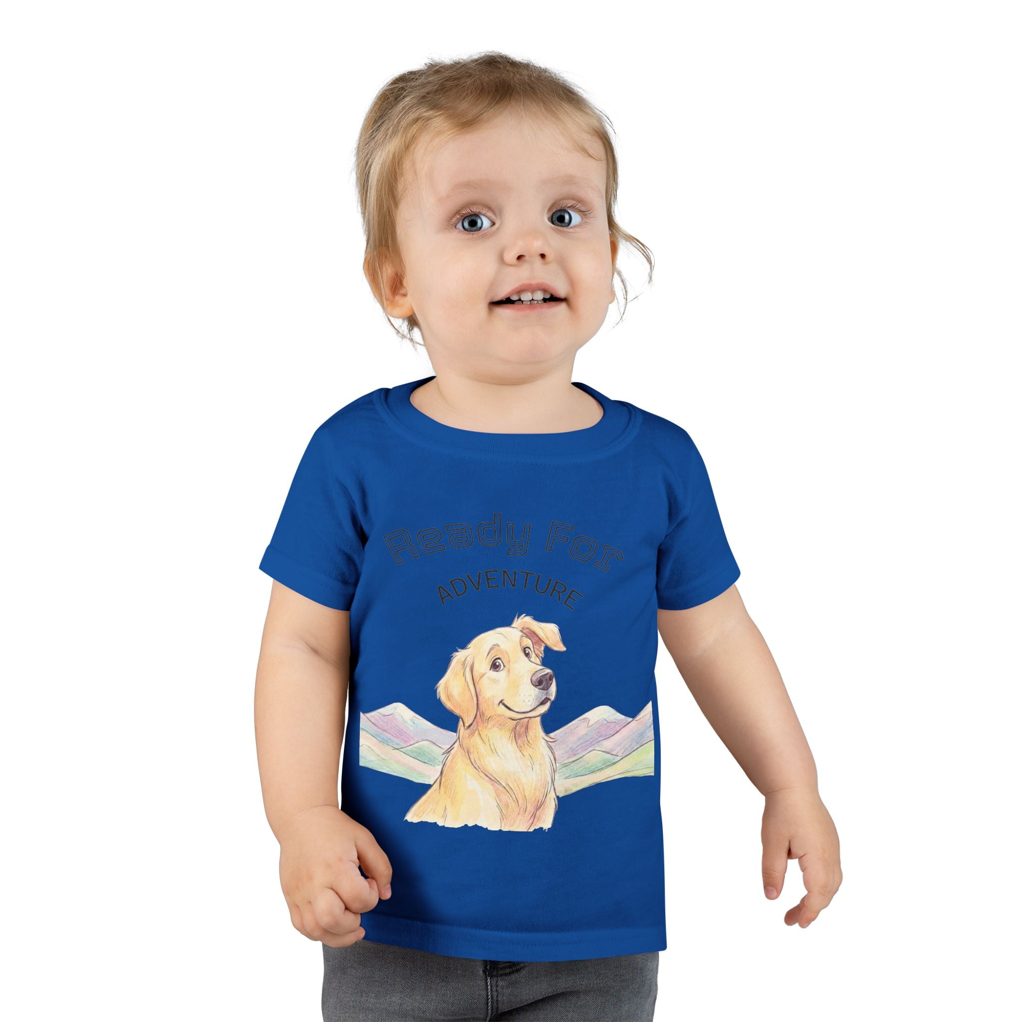 Toddler T-Shirt — Happy Yellow Labrador Puppy with Pastel Mountains
