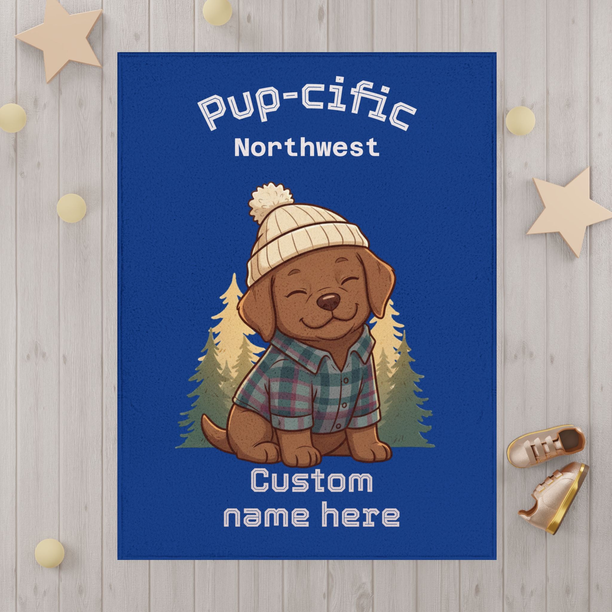 Toddler Blanket - "Pup-cific Northwest" Custom Name Cozy Puppy Woodland Throw
