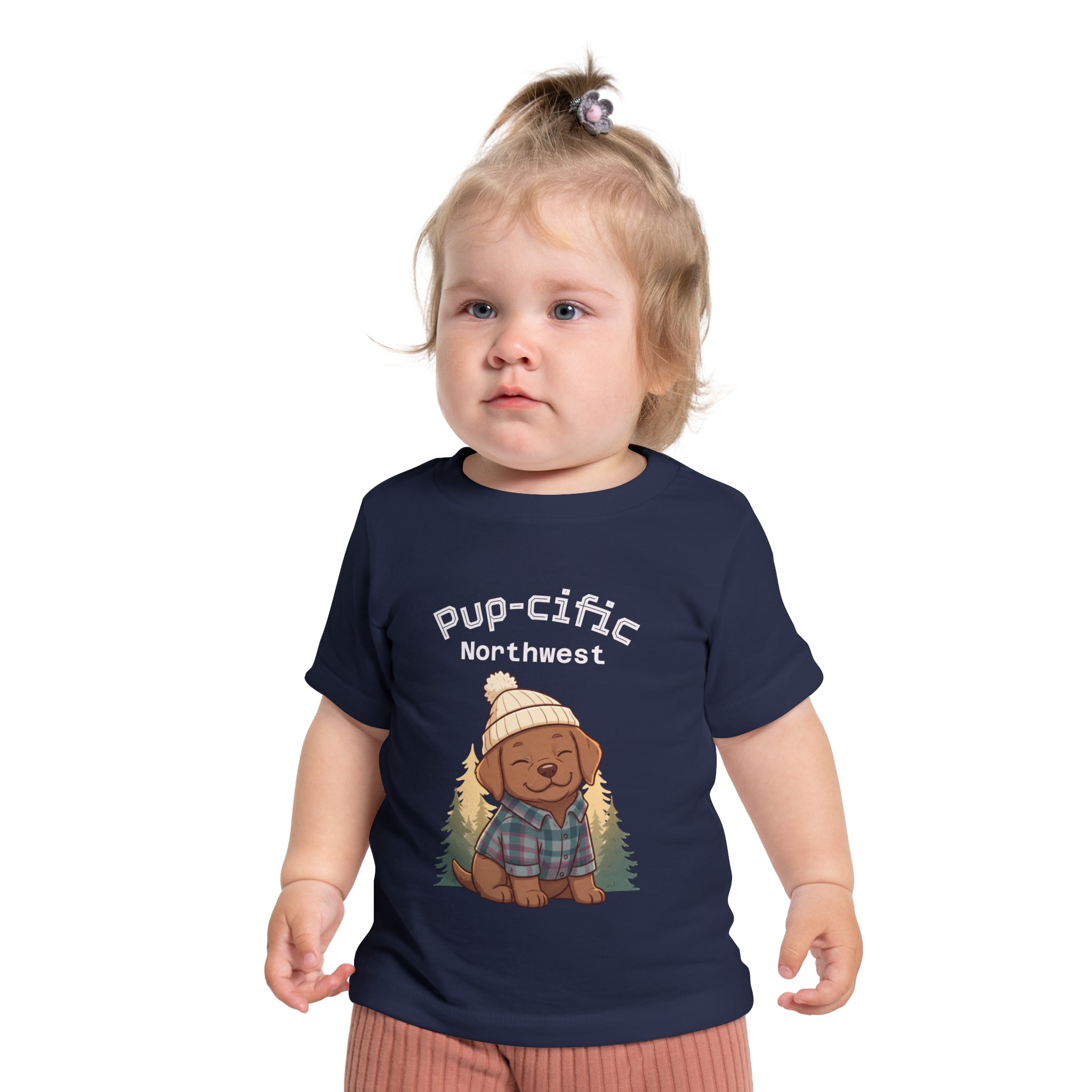 Pup-cific Northwest Baby T‑Shirt — Cute Plaid Puppy with Beanie, Baby Tee