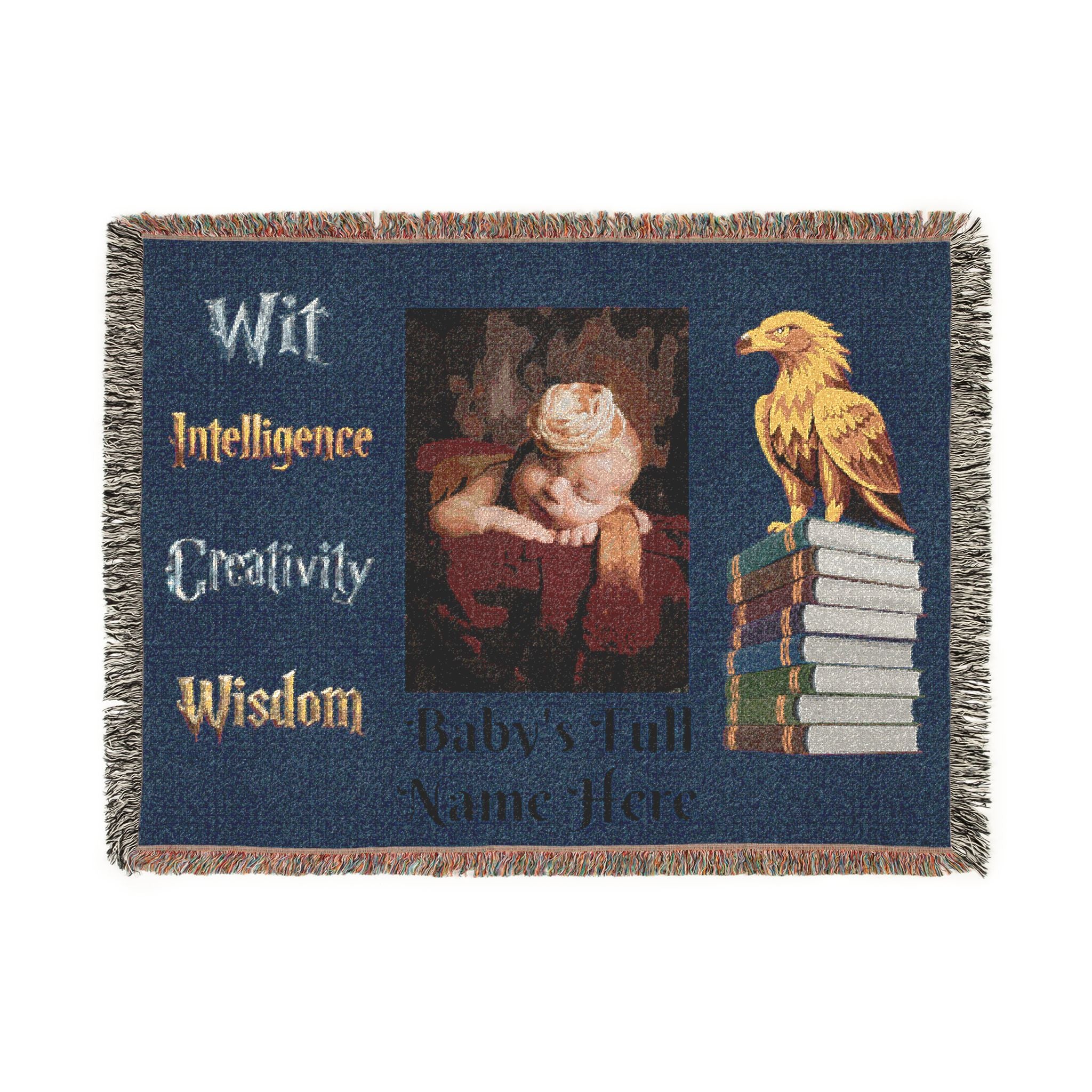Woven Blanket - 'Wit Intelligence Creativity Wisdom' Library Raven Throw - customize photo and name