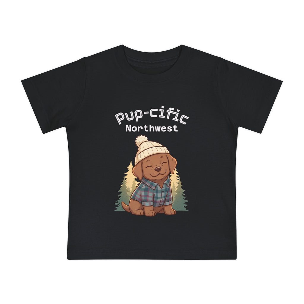 Pup-cific Northwest Baby T‑Shirt — Cute Plaid Puppy with Beanie, Baby Tee