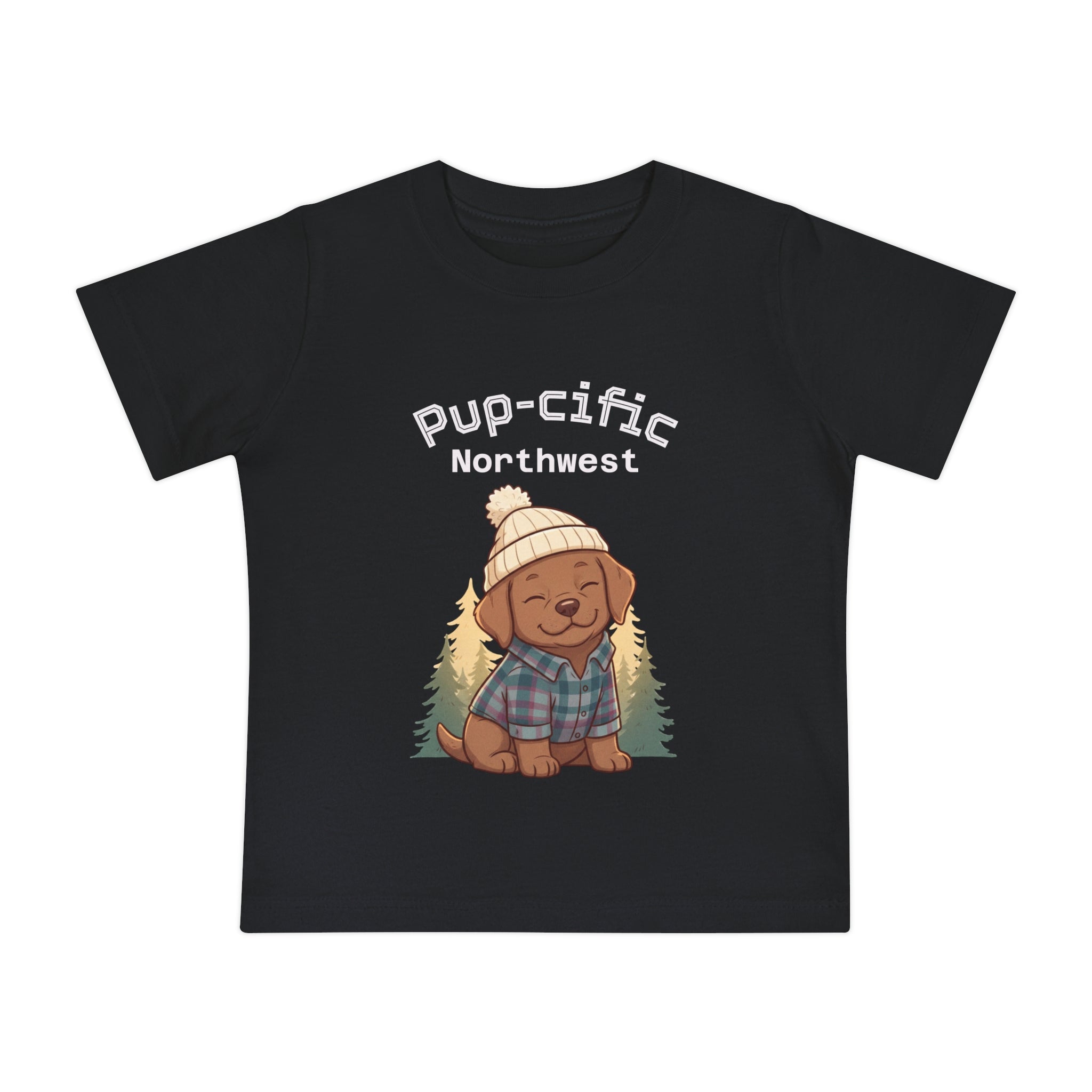 Pup-cific Northwest Baby T‑Shirt — Cute Plaid Puppy with Beanie, Baby Tee