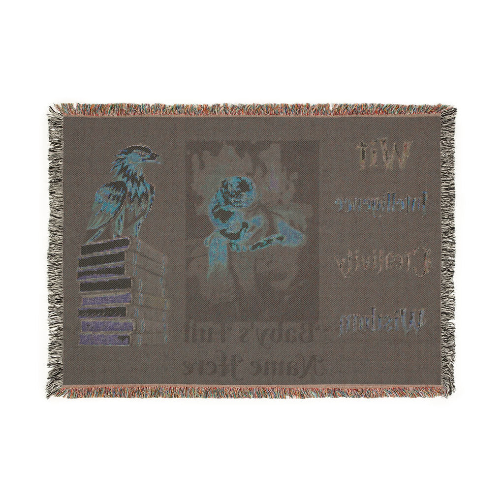 Woven Blanket - 'Wit Intelligence Creativity Wisdom' Library Raven Throw - customize photo and name